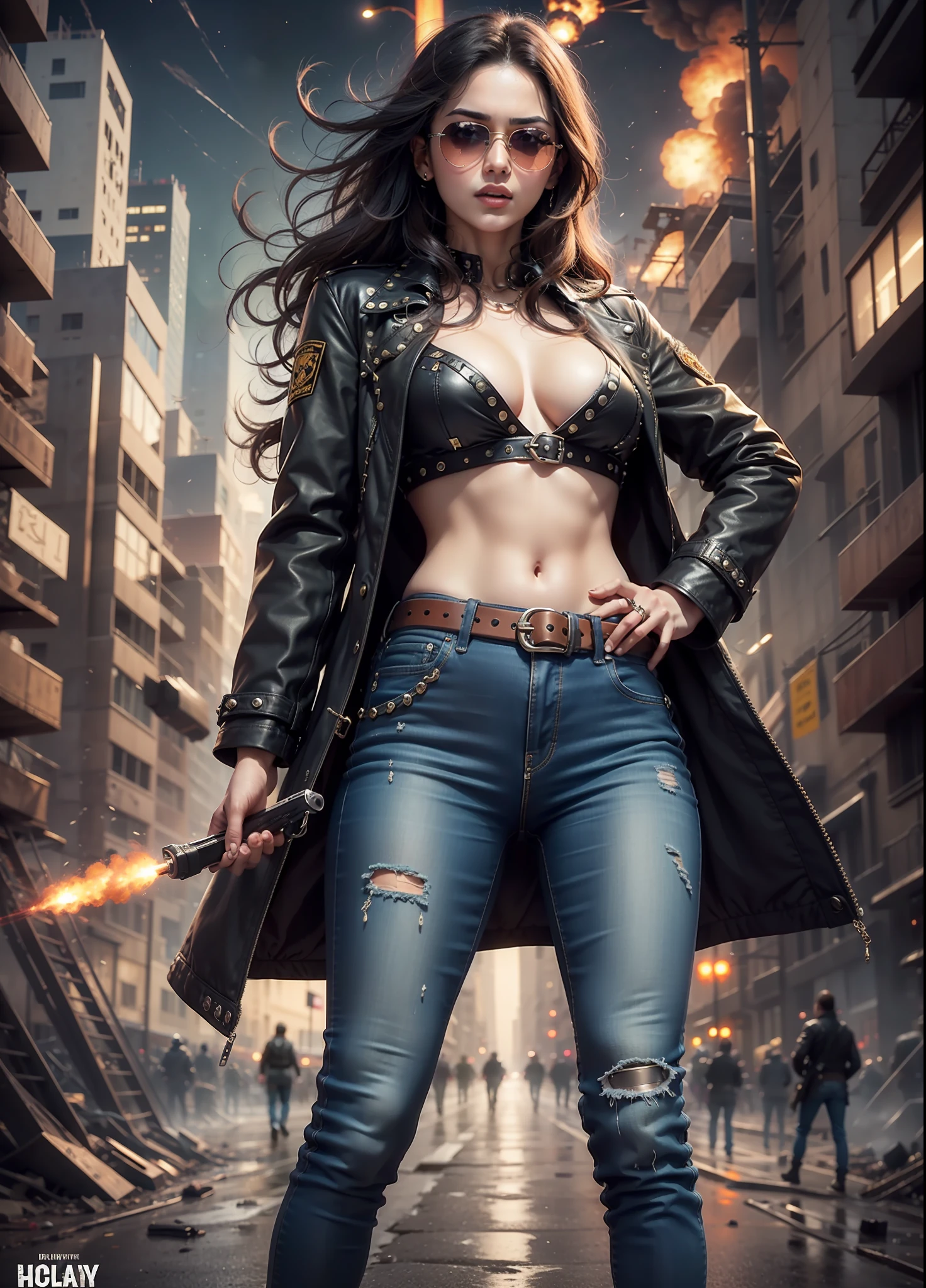 Arab movie poster, beautiful woman, big chest, medium dark long hair, sunglasses, black jeans, belt, long coat, rivets, holster, rivets, explosions, city, ruins, aliens invades, just one body, play electric guitar, night