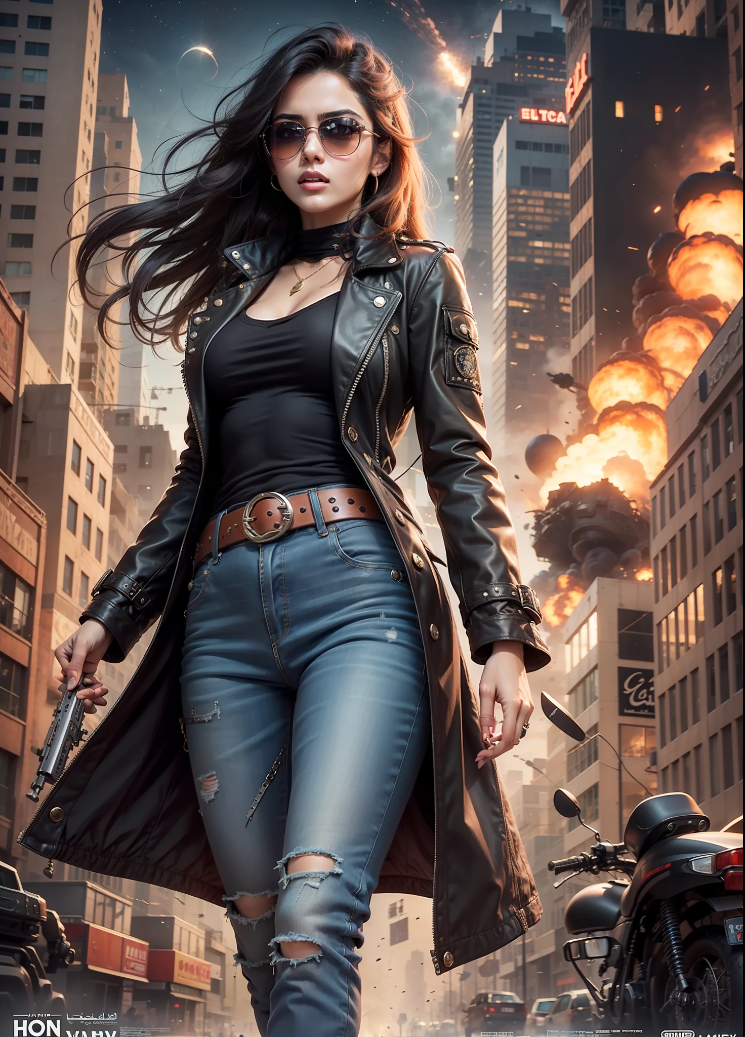 Arab movie poster, beautiful woman, big chest, medium dark long hair, sunglasses, black jeans, belt, long coat, rivets, holster, rivets, explosions, city, ruins, aliens invades, just one body, play electric guitar, night