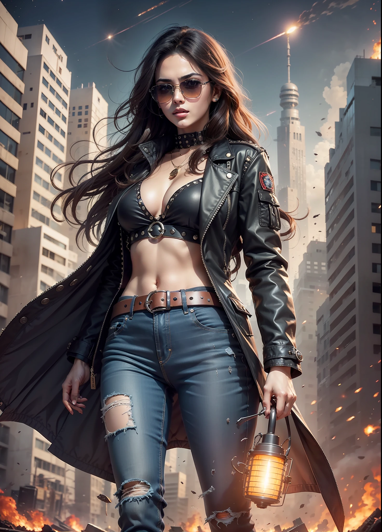 Arab movie poster, beautiful woman, big chest, medium dark long hair, sunglasses, black jeans, belt, long coat, rivets, holster, rivets, explosions, city, ruins, aliens invades, just one body, play electric guitar, night