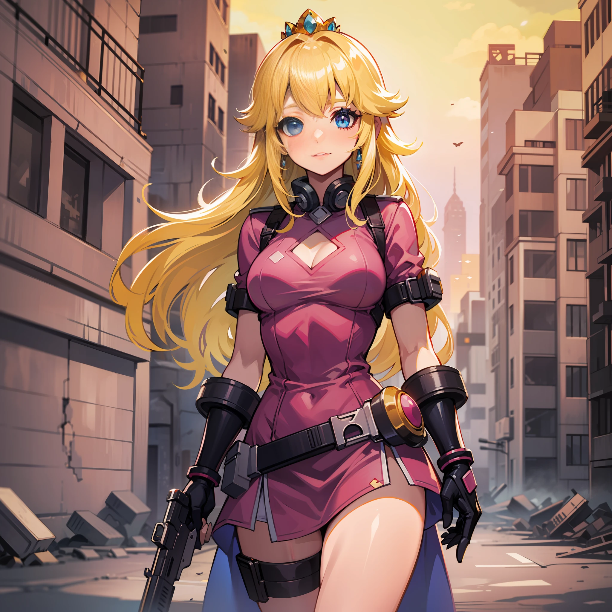 A woman, pink dress, athletic body, holding a gun, short clothes, blonde hair, blue eyes, long hair, in an apocalyptic city, deserted, city destroyed, princess peach,