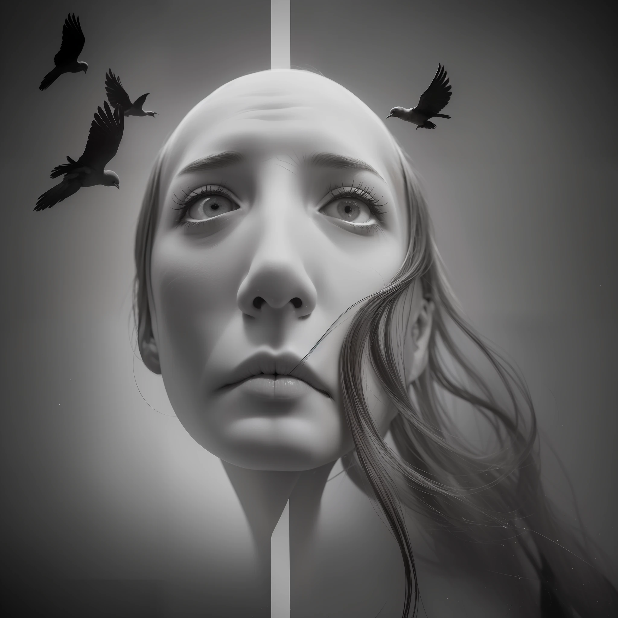 concept artwork, M.C Escher + Architectural Art + b/w photography by Pierre Verger / style fusion / marble man's head floating with Black birds around/ mystical and spiritual atmosphere / dark tones / supernatural/Macro lens/Surreal juxtapositions--ar 1080:1350 --c 12