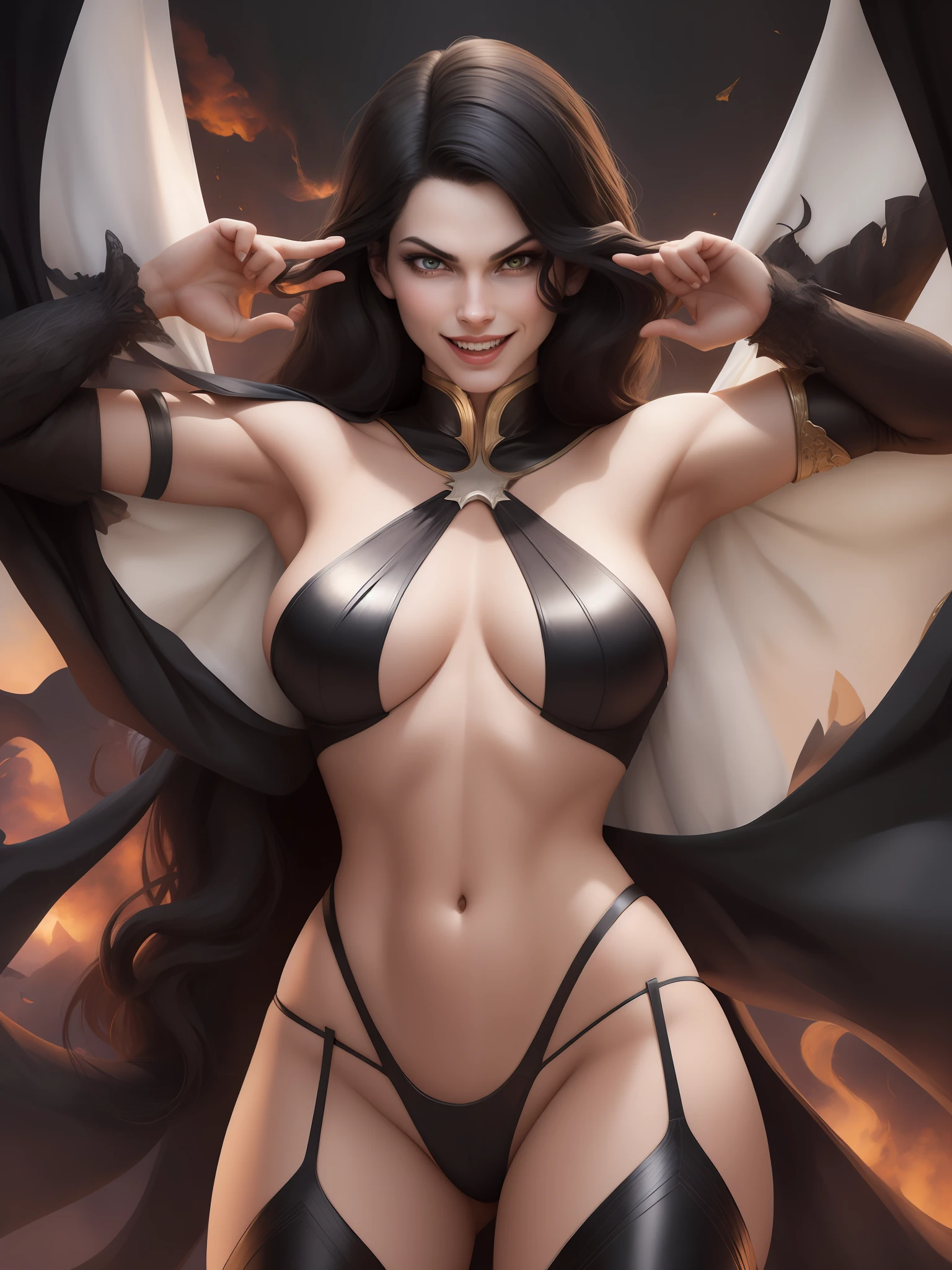 Zatana, 1girl, standing, closeup, white cape, perfect face, underboob, thong, navel, evil smile, sexy,, surrounded by gifted black men.