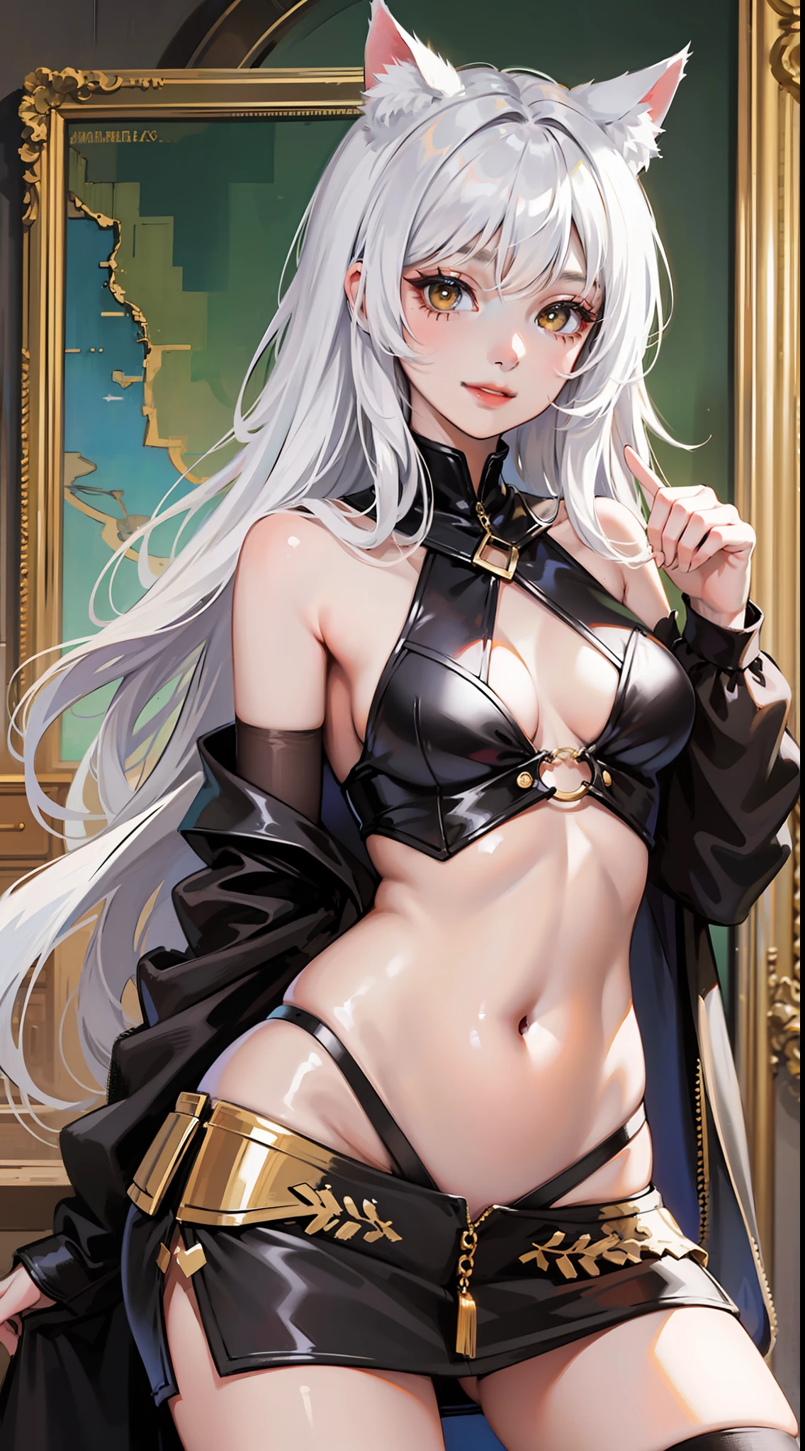 Young girl, long white hair, golden eyes, cat ears, combat robe, sleeveless, open belly, inner, smile, masterpiece, high quality