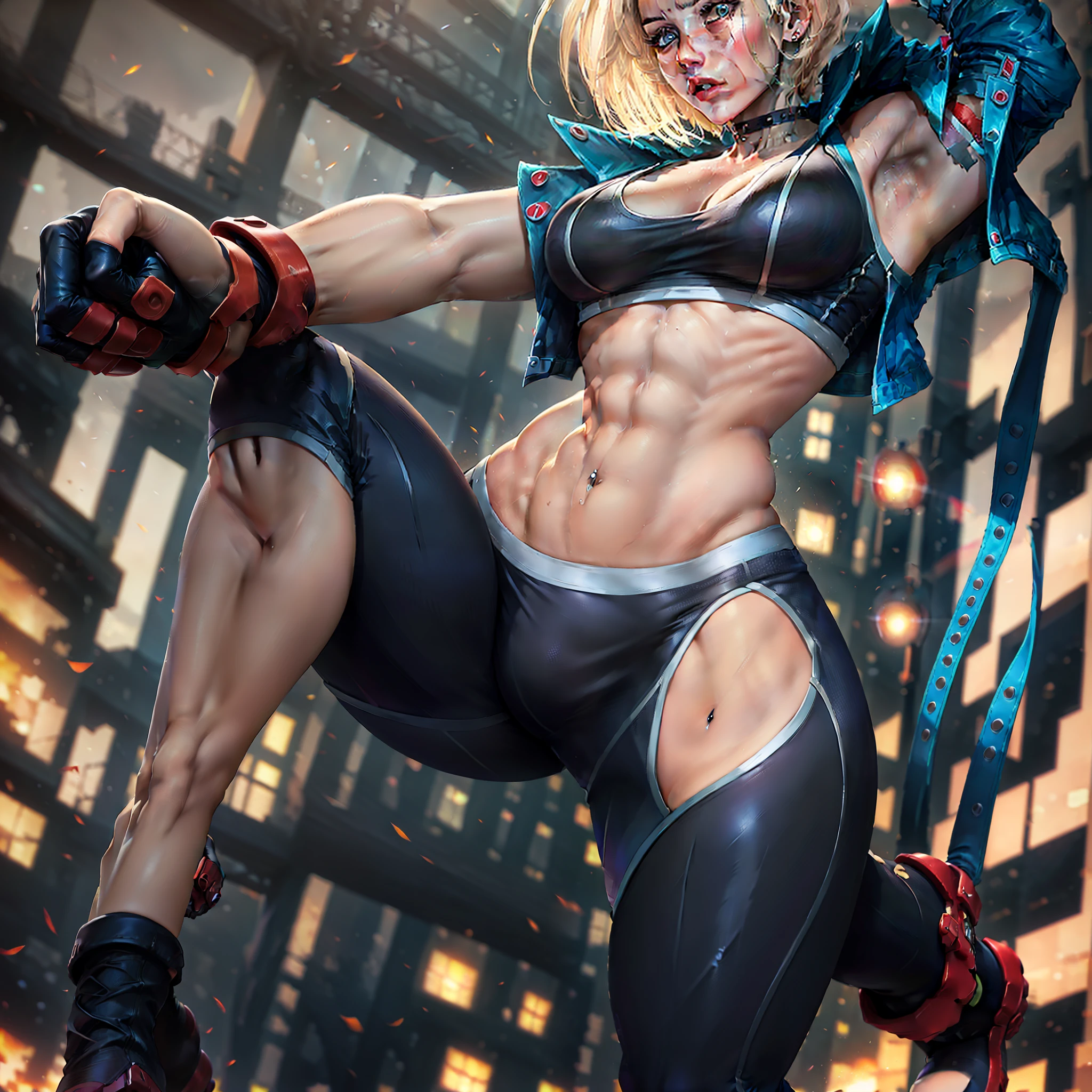 street_fighter street_fighter_6 cammy_white absurdres highres 1girl abs antenna_hair black_pants black_sports_bra blonde_hair blonde_pubic_hair blue_eyes blurry blurry_background breasts cityscape clothes_lift cropped_jacket female_pubic_hair fingerless_gloves gloves jacket large_breasts looking_at_viewer muscular muscular_female navel pants pubic_hair pubic_hair_peek realistic scar scar_on_cheek scar_on_face short_hair sports_bra sports_bra_lift standing sweat thick_thighs thighs tight_clothes tight_pants toned underboob_gothic thicc_