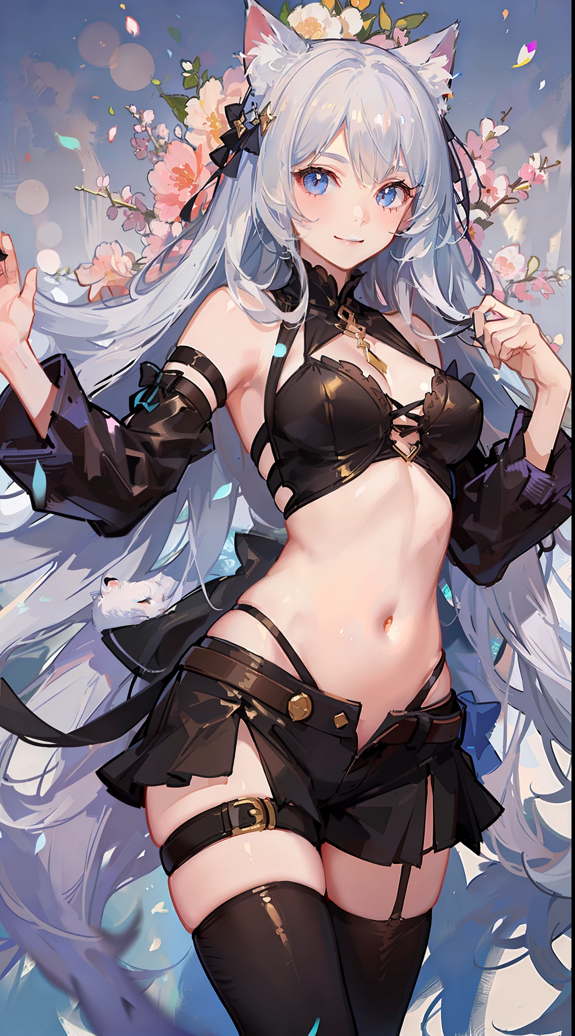 Young girl, long white hair, golden eyes, cat ears, combat robe, sleeveless, open belly, inner, smile, masterpiece, high quality