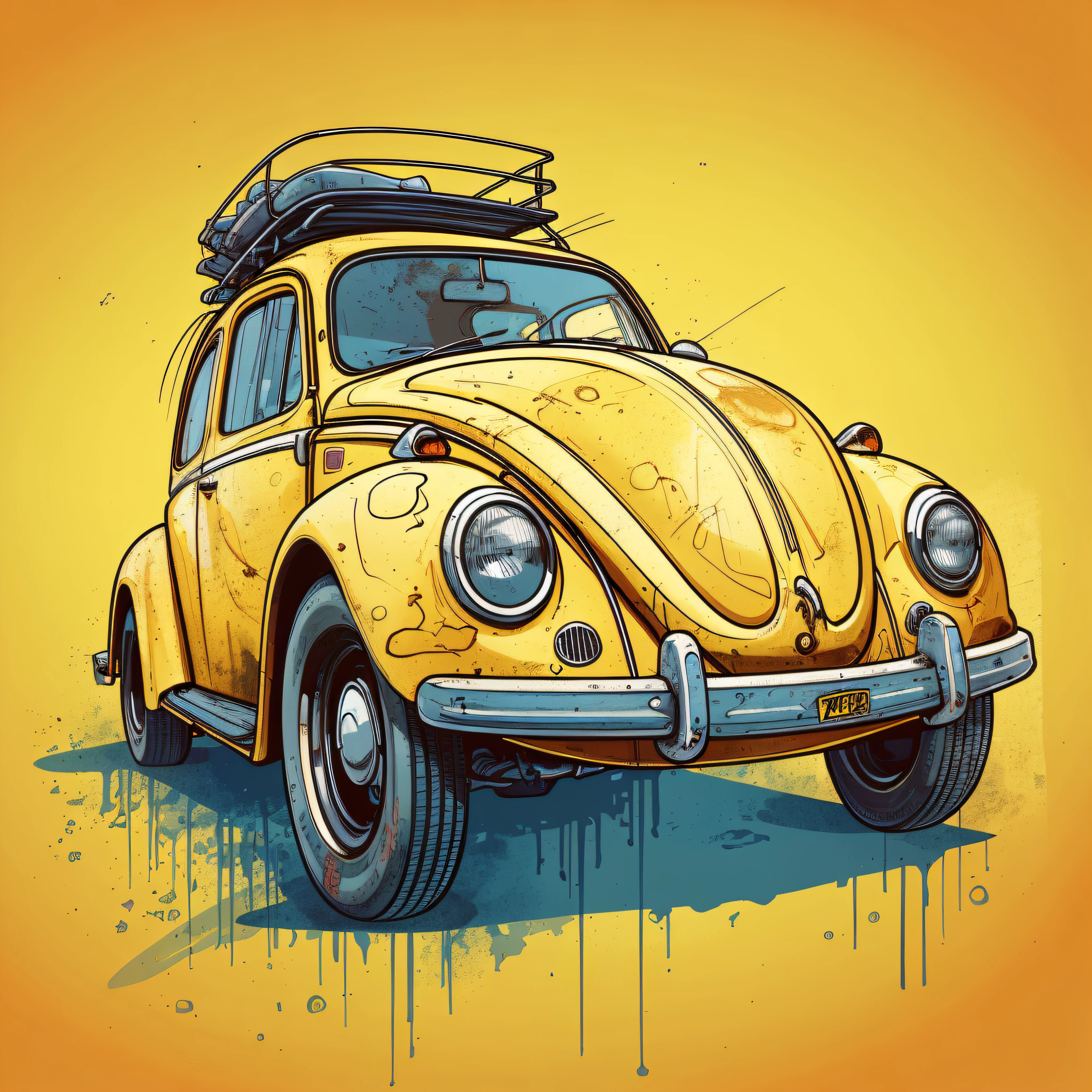 Blue Volkswagen beetle with surfboard on top, highly detailed illustration.", vehicle illustration, beetle, cartoon style illustration, cartoon style, HD illustration, ultra detailed illustration, vector illustration, highly detailed hyper real, highly detailed illustration, high detail illustration, retro illustration, highly detailed cartoon, artistic illustration, highly detailed vector art, a beautiful art illustration