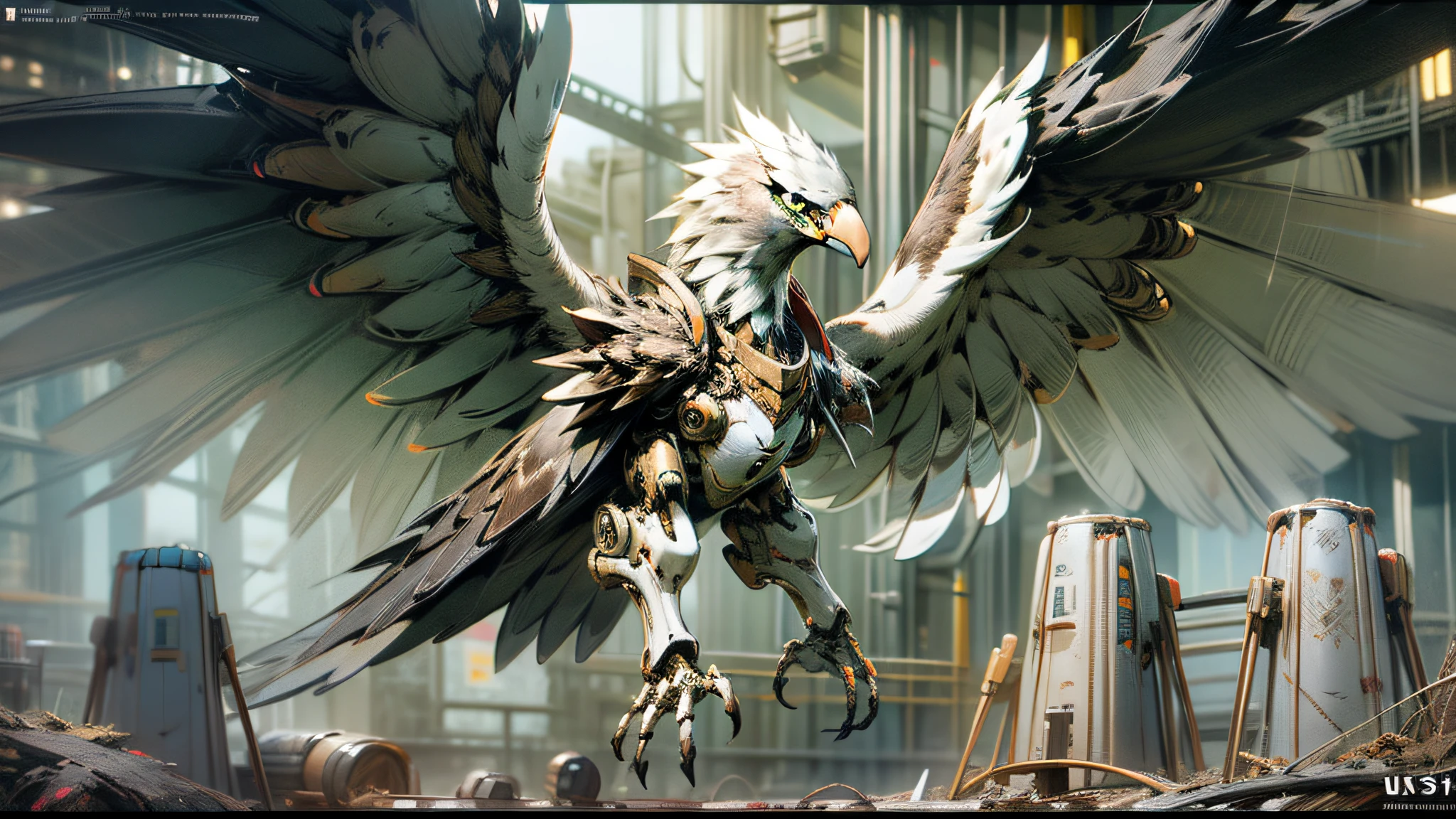 Mechanical eagle with wings spread high, placed in the center of the frame, facing the audience frontally, eagle in network armor, ((((eagle))), ((bilateral symmetry))), mechanical feathers, plus part of the reelmech tube with bone and shell, red biomechanical details, highly realistic concept art, film quality monocular camera photo quality, ultra-detailed digital art, detailed digital concept art, highly detailed digital artwork, realistic complex concept art, surrealist concept art, beautiful digital artwork, robot bird, highly detailed digital art, high-quality digital concept art,