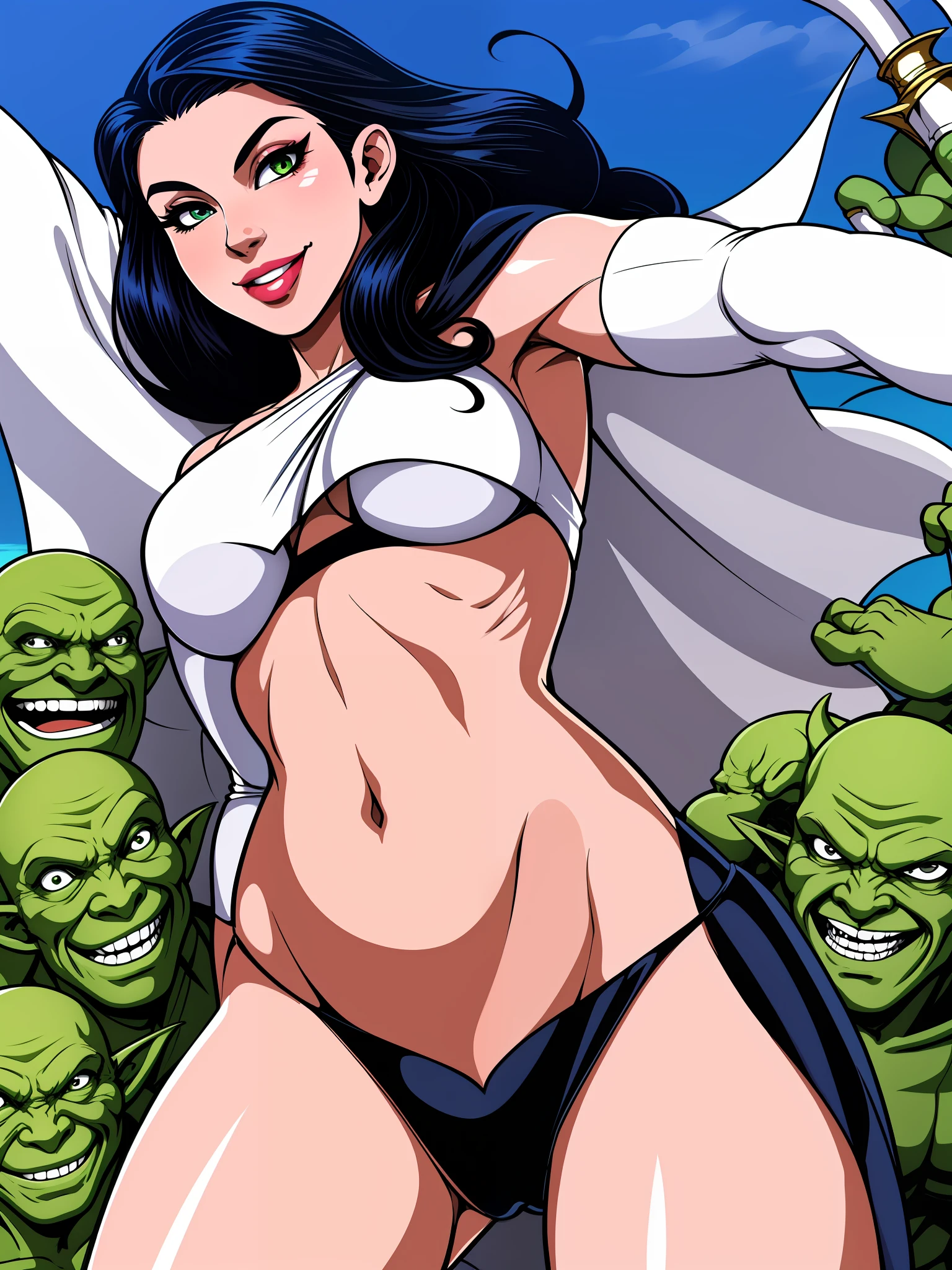 Zatana, 1girl, standing, closeup, white cape, perfect face, underboob, thong, navel, sensual smile, sexy,, surrounded by goblins endowed with serriso of happiness.