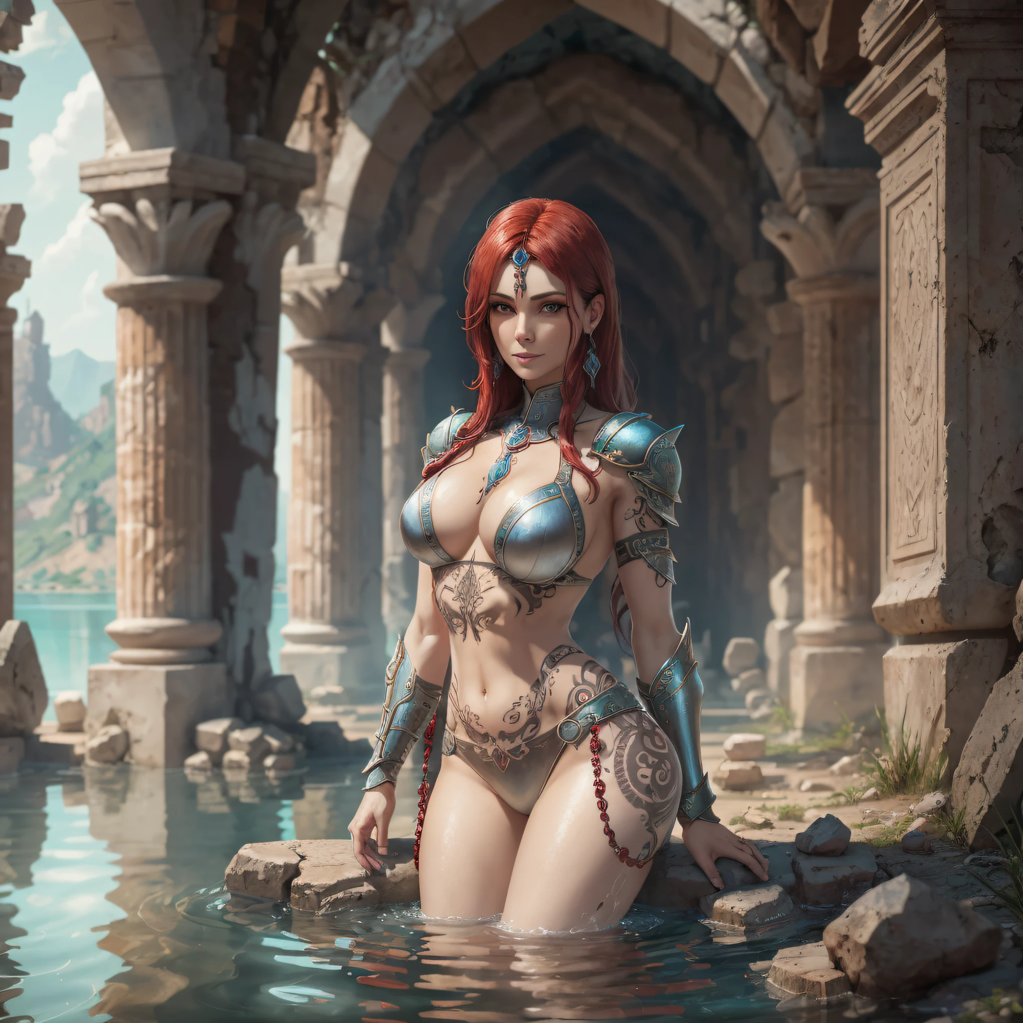Best quality ((45 year old woman lamia)), (perfect face), red colored hair, with pale skin color, runic tattoos, looking at her image reflected in a lake, in a ruin in ancient Greece with slightly high natural light, (perfect body, work of art), with armor and relics, (small breasts), (ultradetailed: 1.3), (high definition: 1.6), 8k