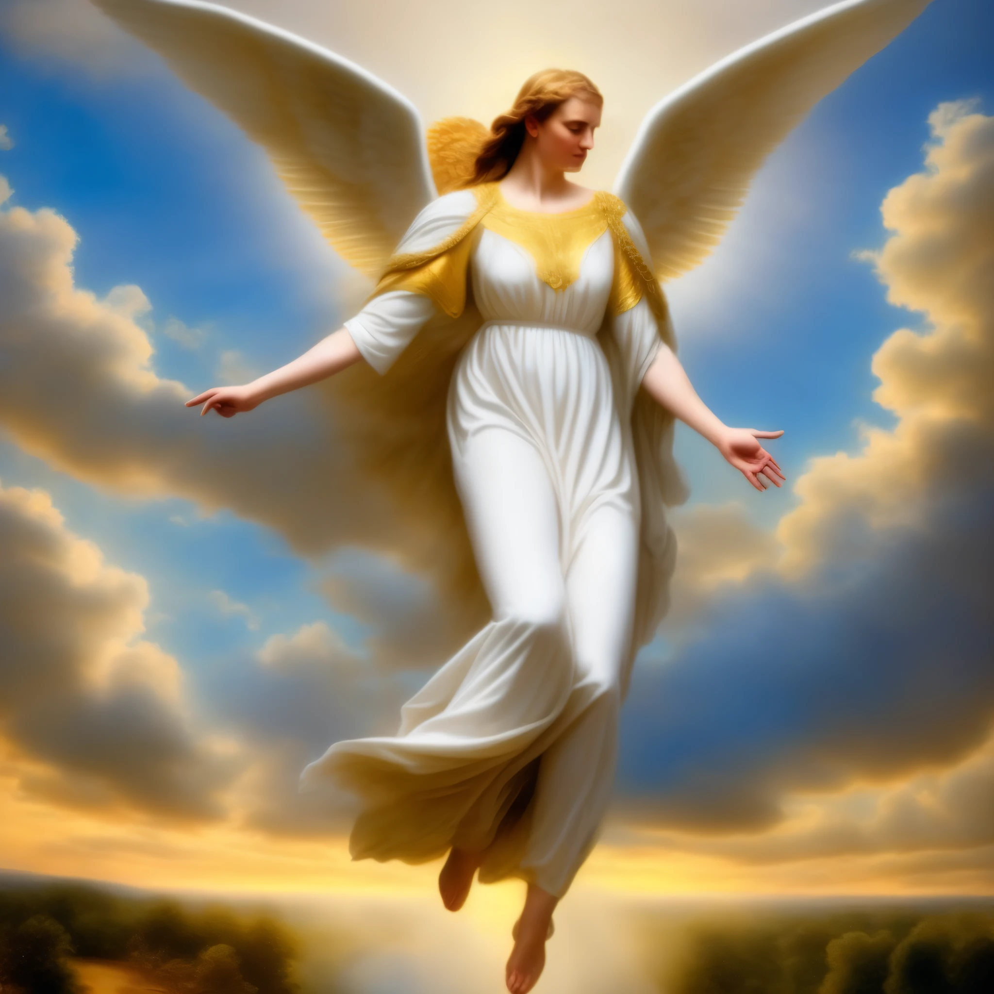 an artistic painting of an angel descending from heaven, biblical, brilliant angelic, majestic full-body angel, Someone