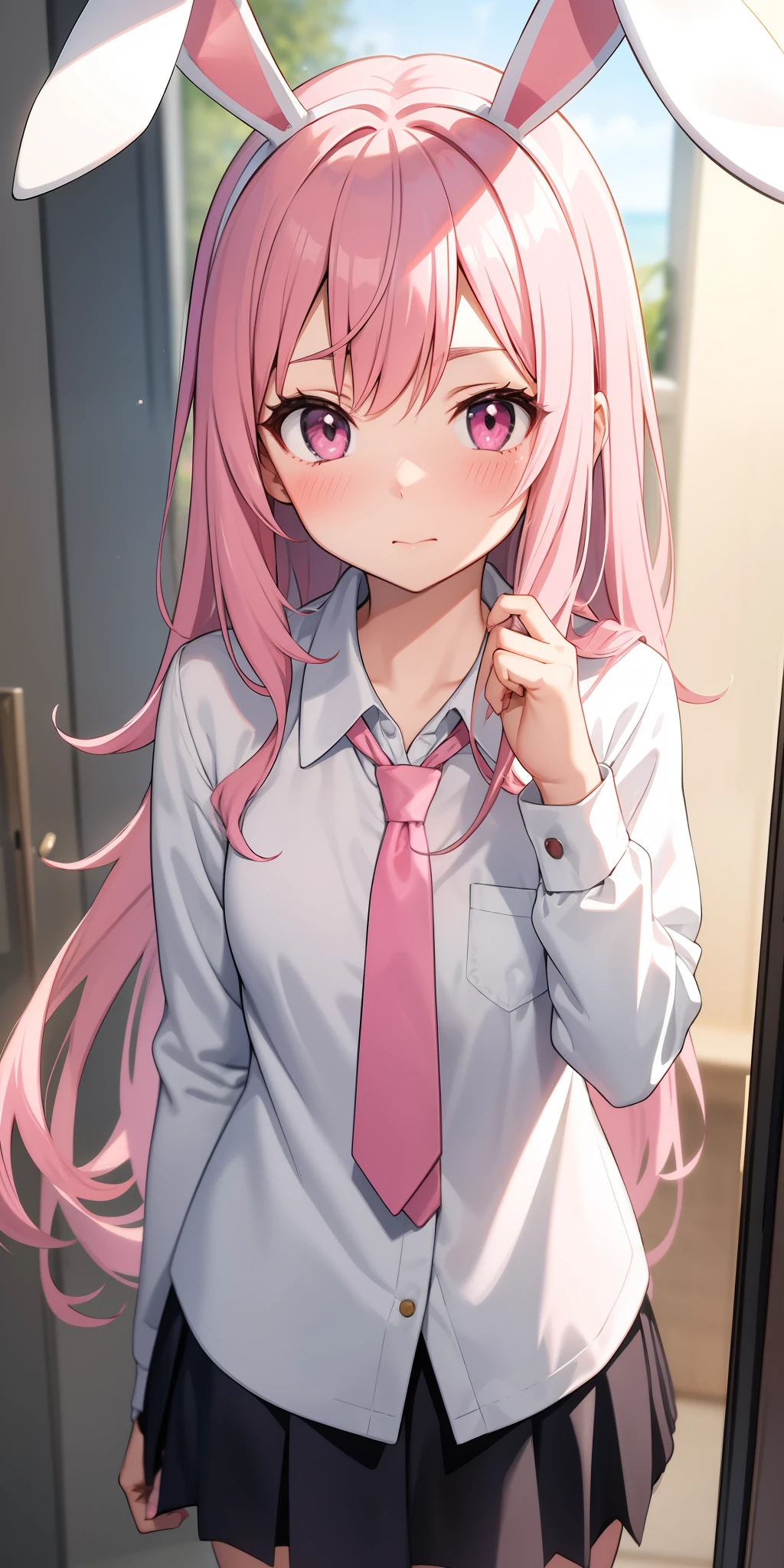Anime girl with pink hair and bunny ears in pink tie, pink eyes, shy blush