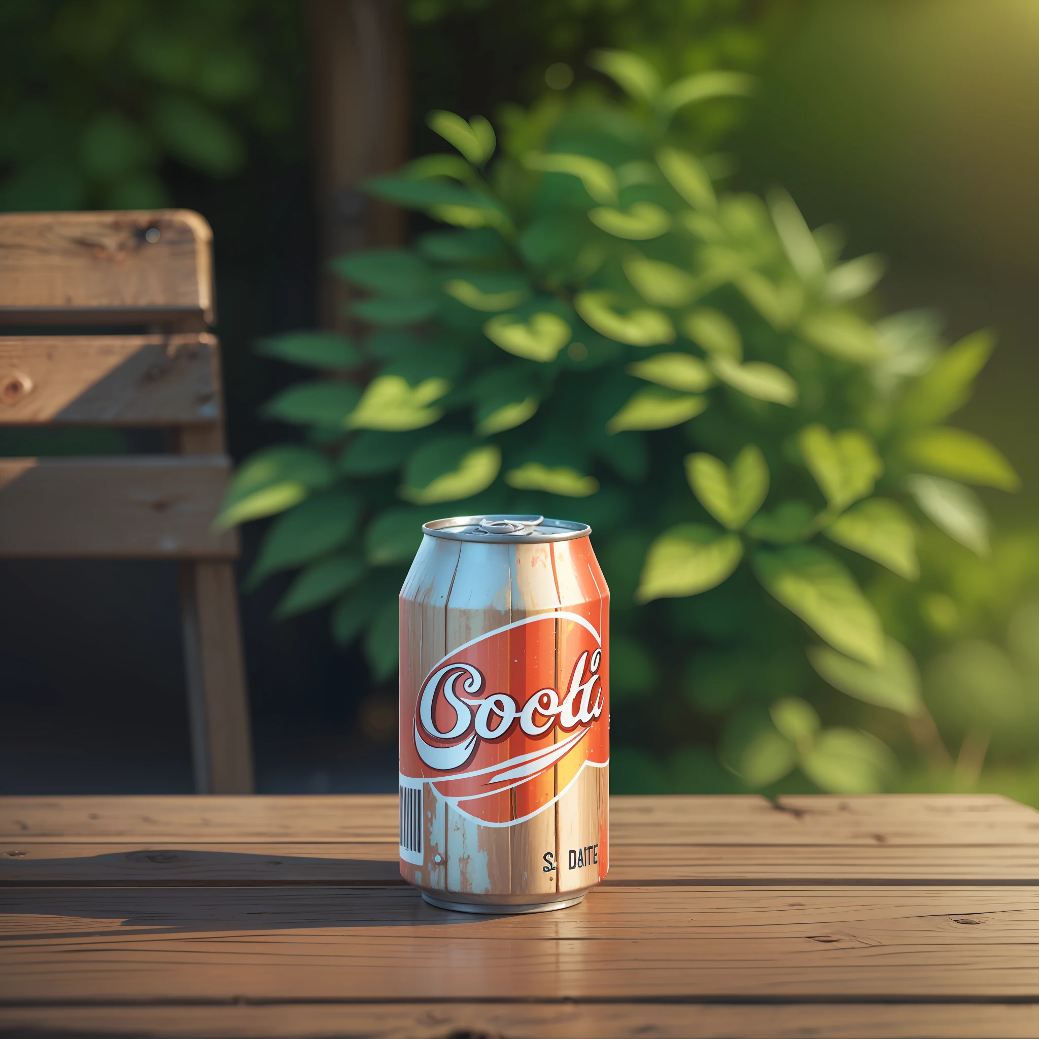 CAN OF SODA ON WOODEN TABLE, RUSTIC TEXTURE, GREENERY, PROFESSIONAL PHOTOGRAPHY, CINEMATIC LIGHTING, INTRICATE DETAILS, ULTRA REALISTIC, REALISTIC TEXTURE, LANDSCAPE BACKGROUND WITH COMPLEMENTARY COLORS, DETAIL --auto --s2