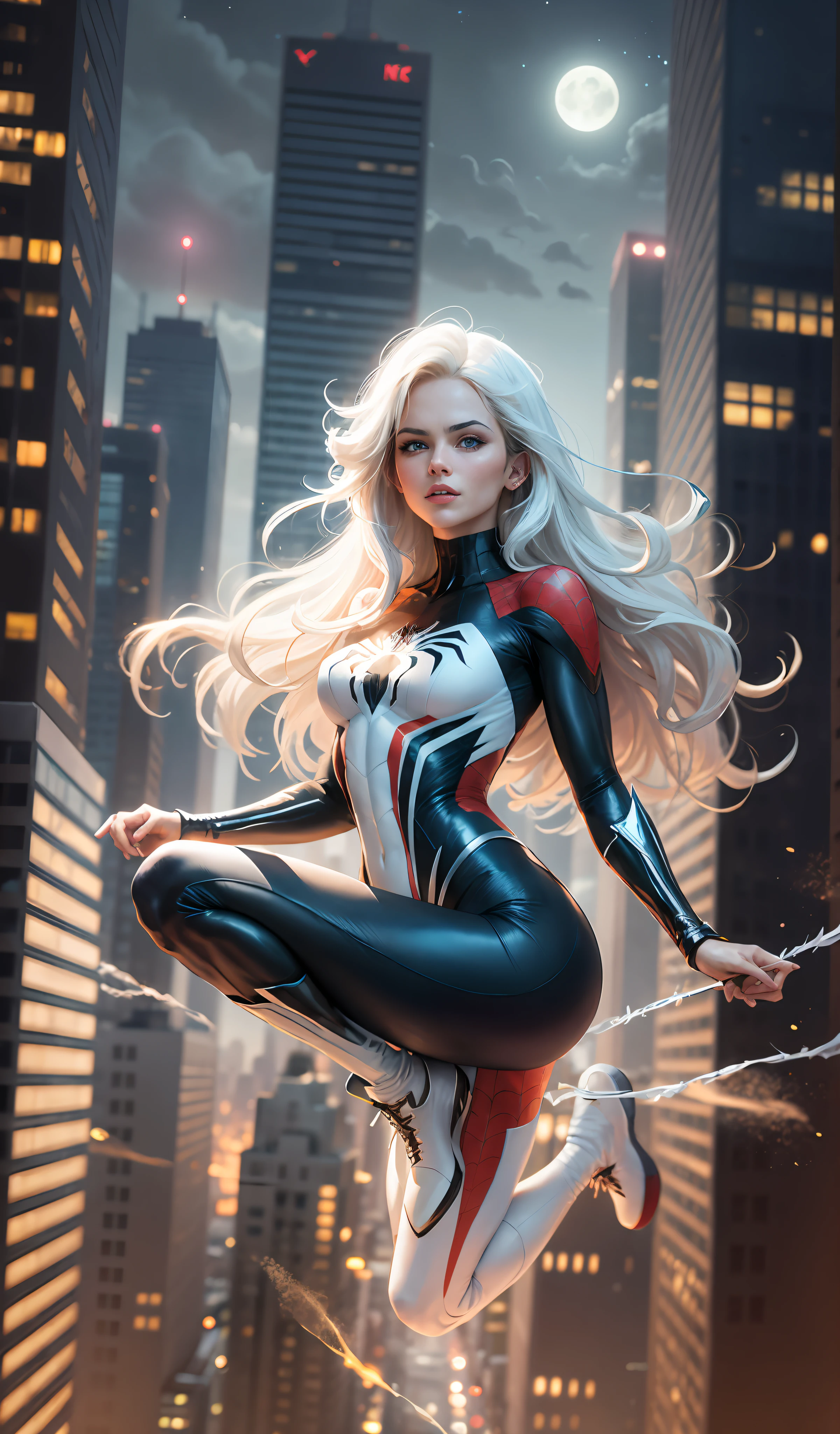 (Masterpiece, 4k resolution, ultra-realistic, very detailed), (White superhero theme, charismatic, there's a girl on top of town, wearing Spider-Man costume, she's a superhero), [ ((25 years), (long white hair:1.2), full body, (blue eyes:1.2), ((Spider-Man pose),show of strength, jumping from one building to another), ((sandy urban environment):0.8)| (cityscape, at night, dynamic lights), (full moon))] # Explanation: The Prompt mainly describes a 4K painting of ultra-high definition, very realistic, very detailed. It shows a superheroine at the top of the city, wearing a Spider-Man costume. The theme in the painting is a white superhero theme, the female protagonist has long white hair, is 25 years old and her entire body is shown in the painting. In terms of portraying the actions of superheroines, spiders are employed