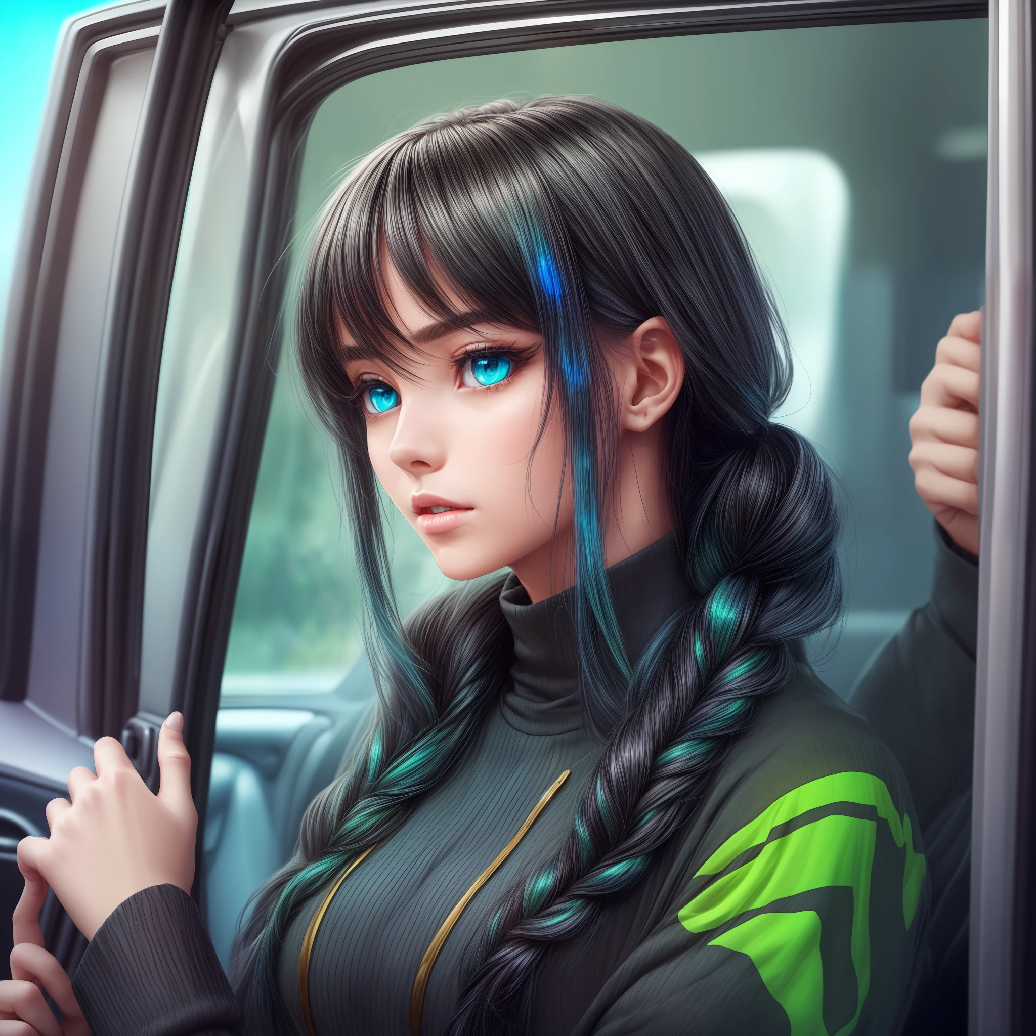 ((whole body):2) {((1_mulher_e_1_homem):1.5)}.\n {1woman}: (wearing a black suit.) :1.2), ((shimmering blue eyes, short green hair)1.2), (a car opening the door for a woman):1.3), (calm look 1.3), \n {1man}: (braided black hair):1.3) opening door for muulher):1.2) anime, anime-style, 16k, ((best quality, high details):1.4), masterpiece, UHD