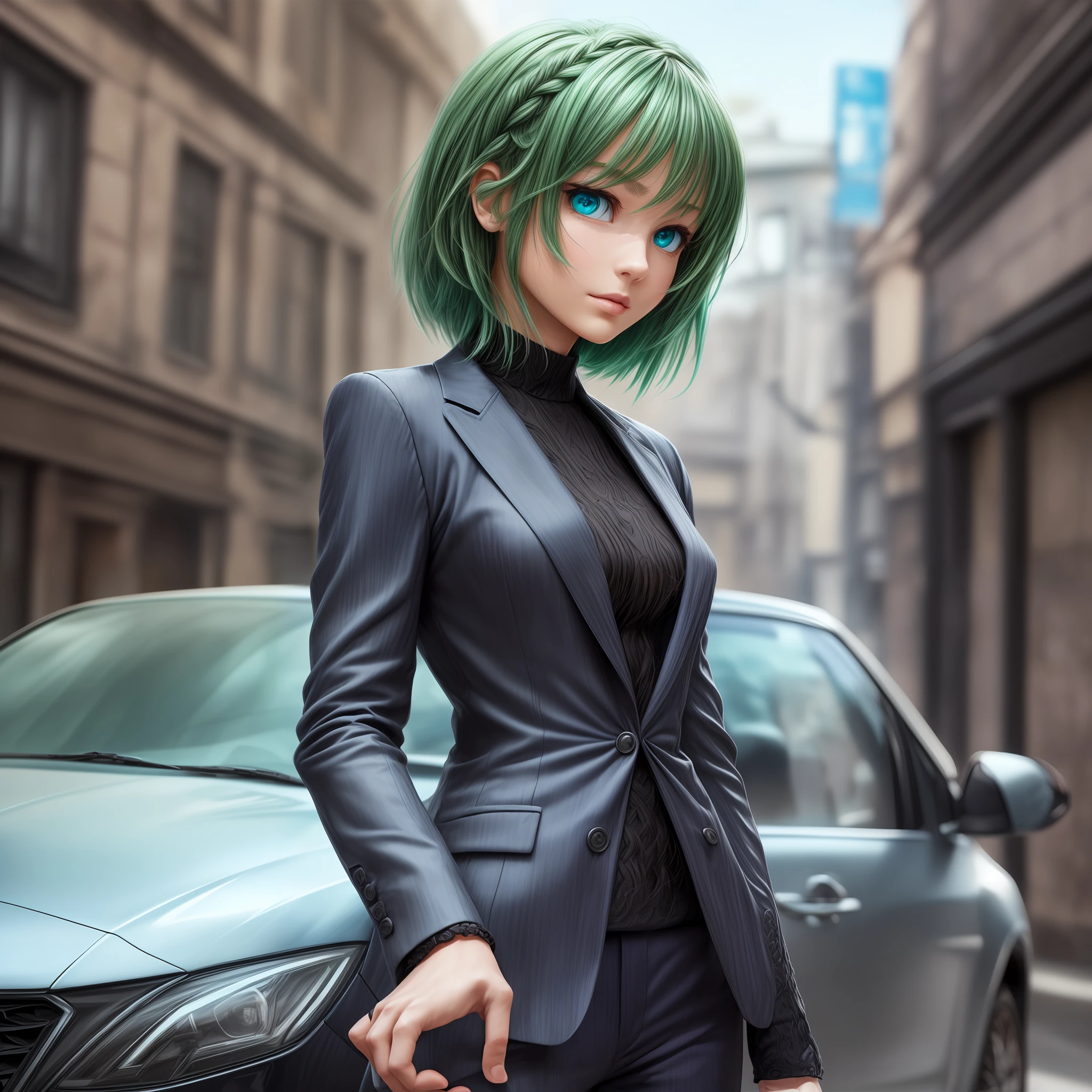 ((whole body):2) {((1_mulher_e_1_homem):1.5)}.\n {1woman}: (wearing a black suit.) :1.2), ((shimmering blue eyes, short green hair)1.2), (a car opening the door for a woman):1.3), (calm look 1.3), \n {1man}: (braided black hair):1.3) opening door for muulher):1.2) anime, anime-style, 16k, ((best quality, high details):1.4), masterpiece, UHD