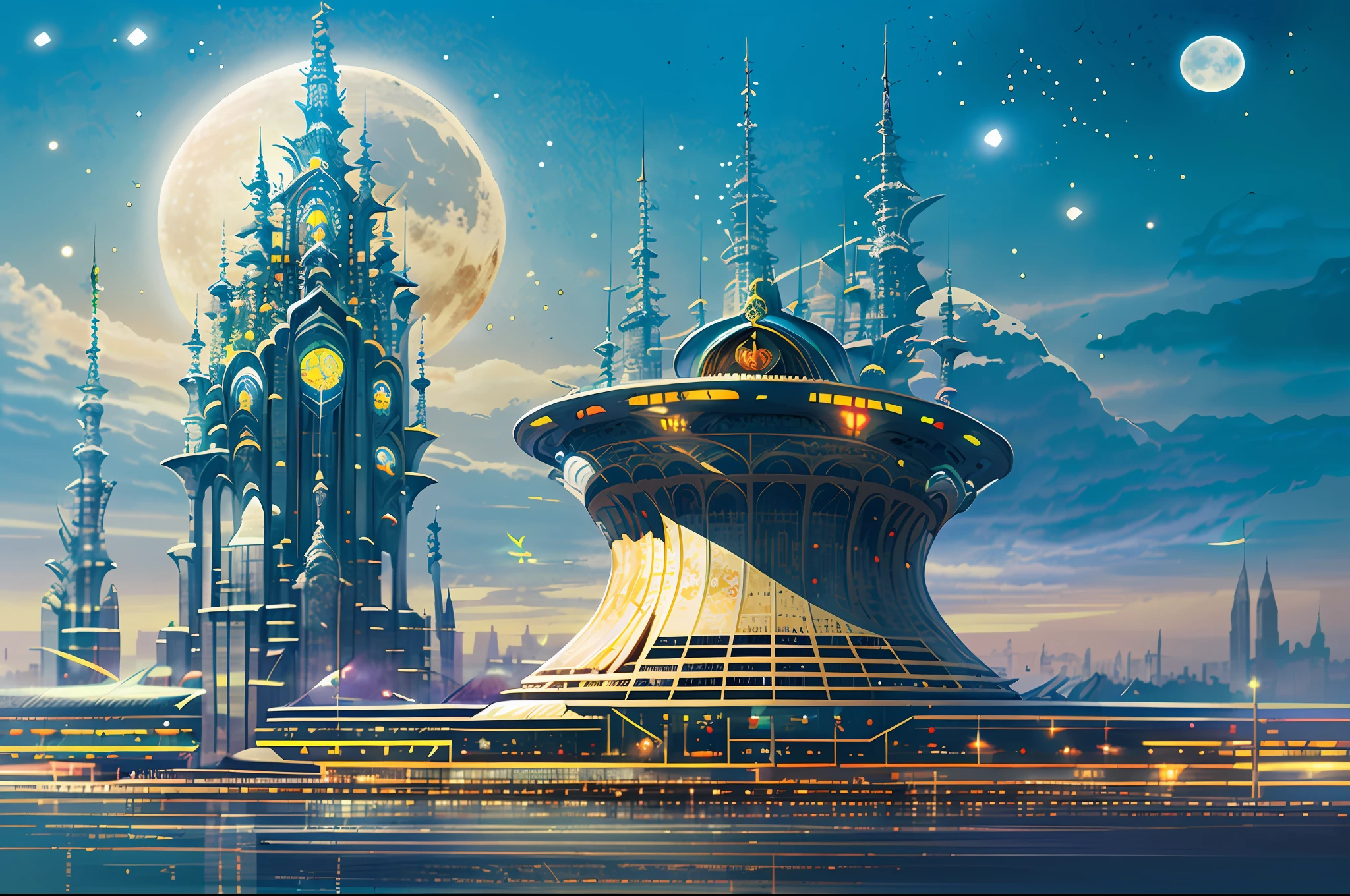 there is a large futuristic masterpiece Arabian castle in Quranic art style in the middle of a futuristic city with a moon, in fantasy sci - fi city, sci-fi fantasy wallpaper, masterpiece concept art cityscape, epic Arabic calligraphy art sci fi illustration, huge futuristic islamic design, fantasy scifi, with masterpiece Quranic art desktop wallpaper, fantasy art city background, in front of a fantasy city, fantasy city, in a castle on an alien planet with masterpiece Calligraphy.