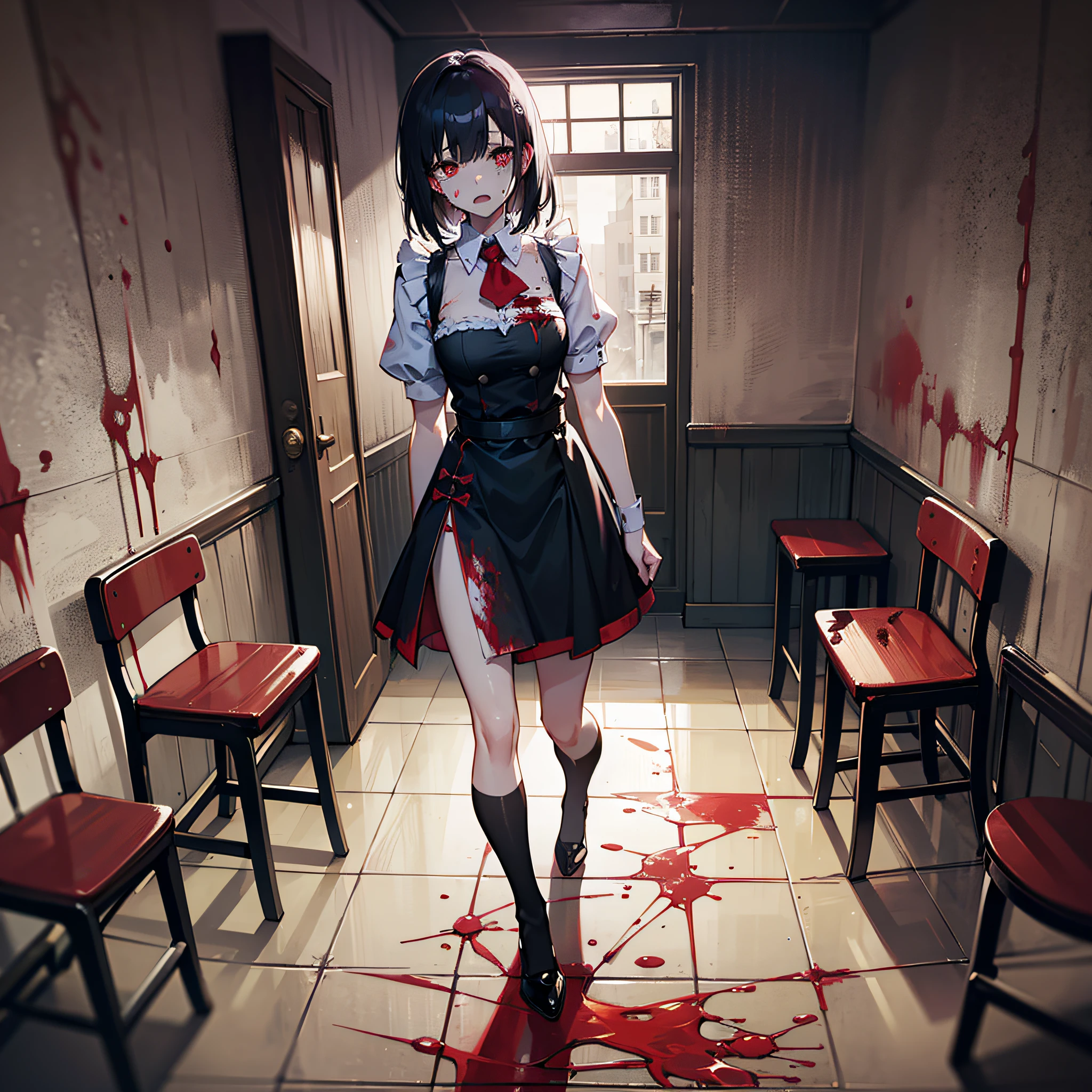 1girl, red bright pupils, vista, panorama, maid outfit, white blood-stained stockings, tall, hair stained with blood, blood tears, blood stained face, blood stained on clothes, gloomy atmosphere, core shadow, low light, dark background, full body panorama, panic, devil's corner, standing, red, in a restaurant, tables and chairs around, tables and chairs turned over, fight marks, blood on the ground, blood stains on the wall, murder weapon, creepy, desperate, super delicate face, 8k, masterpiece --auto --s2