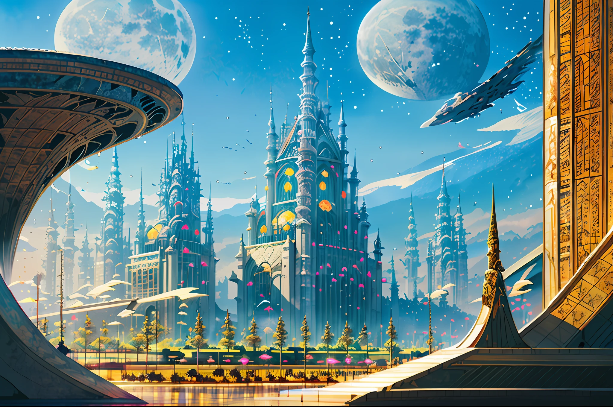 there is a large futuristic masterpiece Arabian castle in Quranic art style in the middle of a futuristic city with a moon, in fantasy sci - fi city, sci-fi fantasy wallpaper, masterpiece concept art cityscape, epic Arabic calligraphy art sci fi illustration, huge futuristic islamic design, fantasy scifi, with masterpiece Quranic art desktop wallpaper, fantasy art city background, in front of a fantasy city, fantasy city, in a castle on an alien planet with masterpiece Calligraphy.