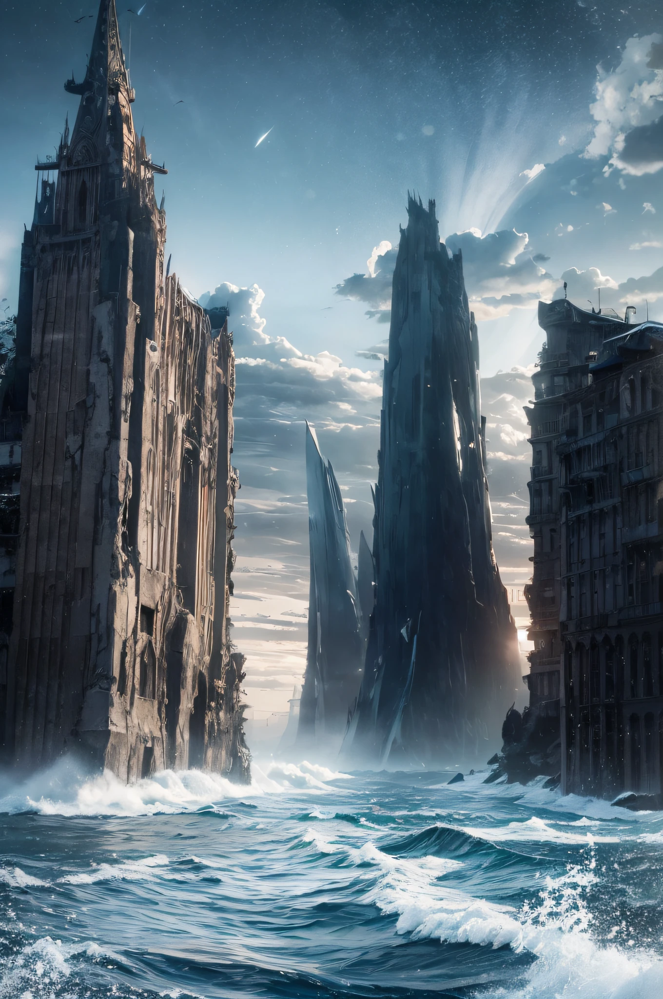 anime style, dark sky, beyond the sea, continent, disappearing, nightmare, collapse