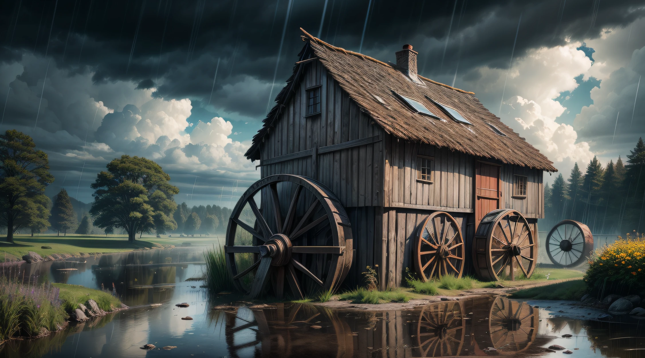 professional long-distance scenic photography of {watermill}, perfect point of view, highly detailed, wide-angle lens, hyper realistic, with dramatic sky, polarizing filter, natural lighting, vivid colors, heavy rain, all in sharp focus, HDR, UHD, 16K