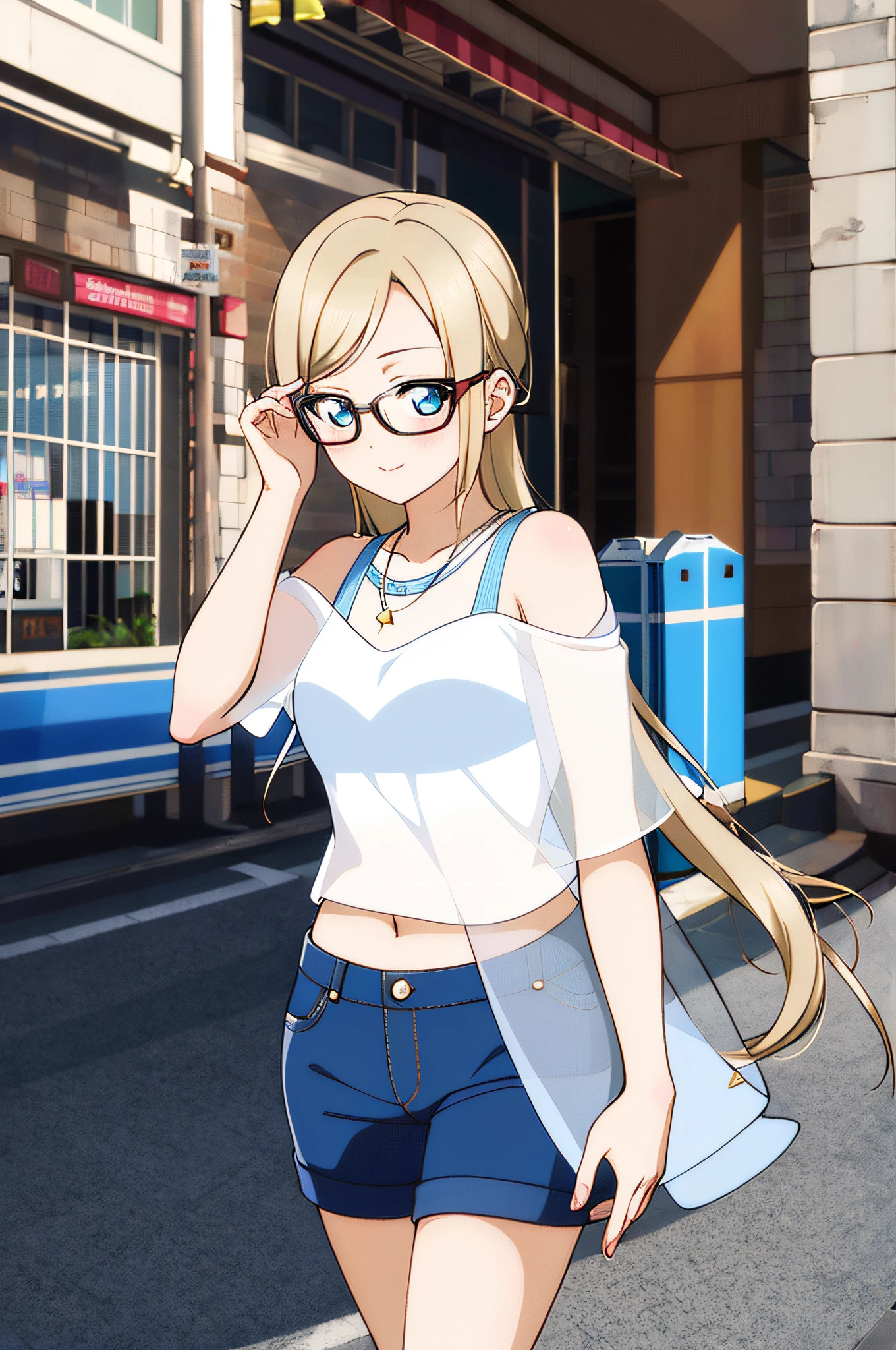 masterpiece, best quality, realistic, 1girl, glasses, white shirt, blue jeans, standing, street, see-through, midriff