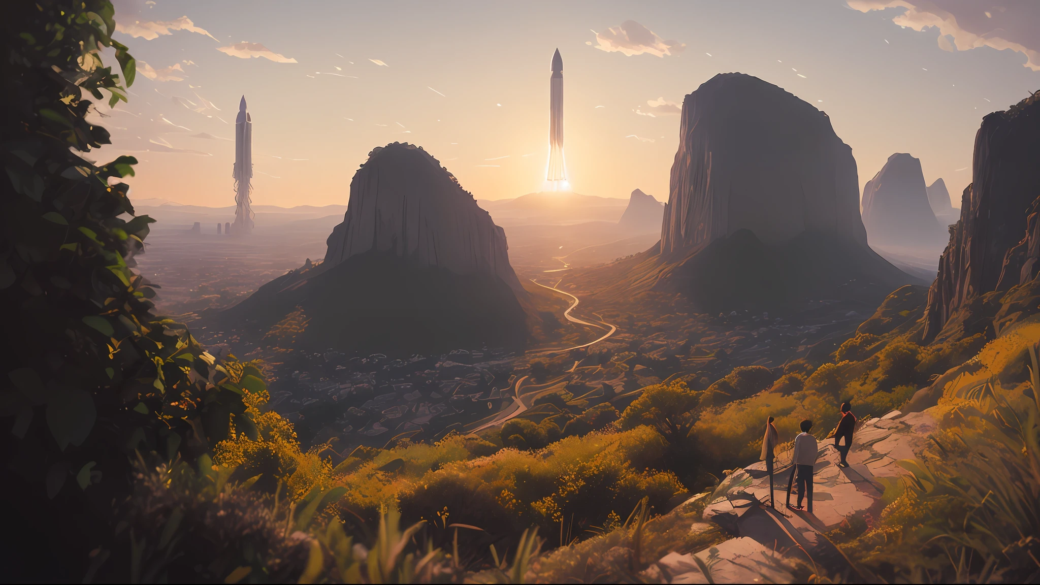 a highly detailed matte painting of a man on a hill watching a rocket launch in the distance by studio ghibli, makoto shinkai, by artgerm, by wlop, by greg rutkowski, volumetric lighting, octane render, 4 k resolution, trending on artstation, masterpiece, art by greg rutkowski and artgerm, soft cinematic light, adobe lightroom, photolab, hdr, intricate, highly detailed, ((((depth of field))))
