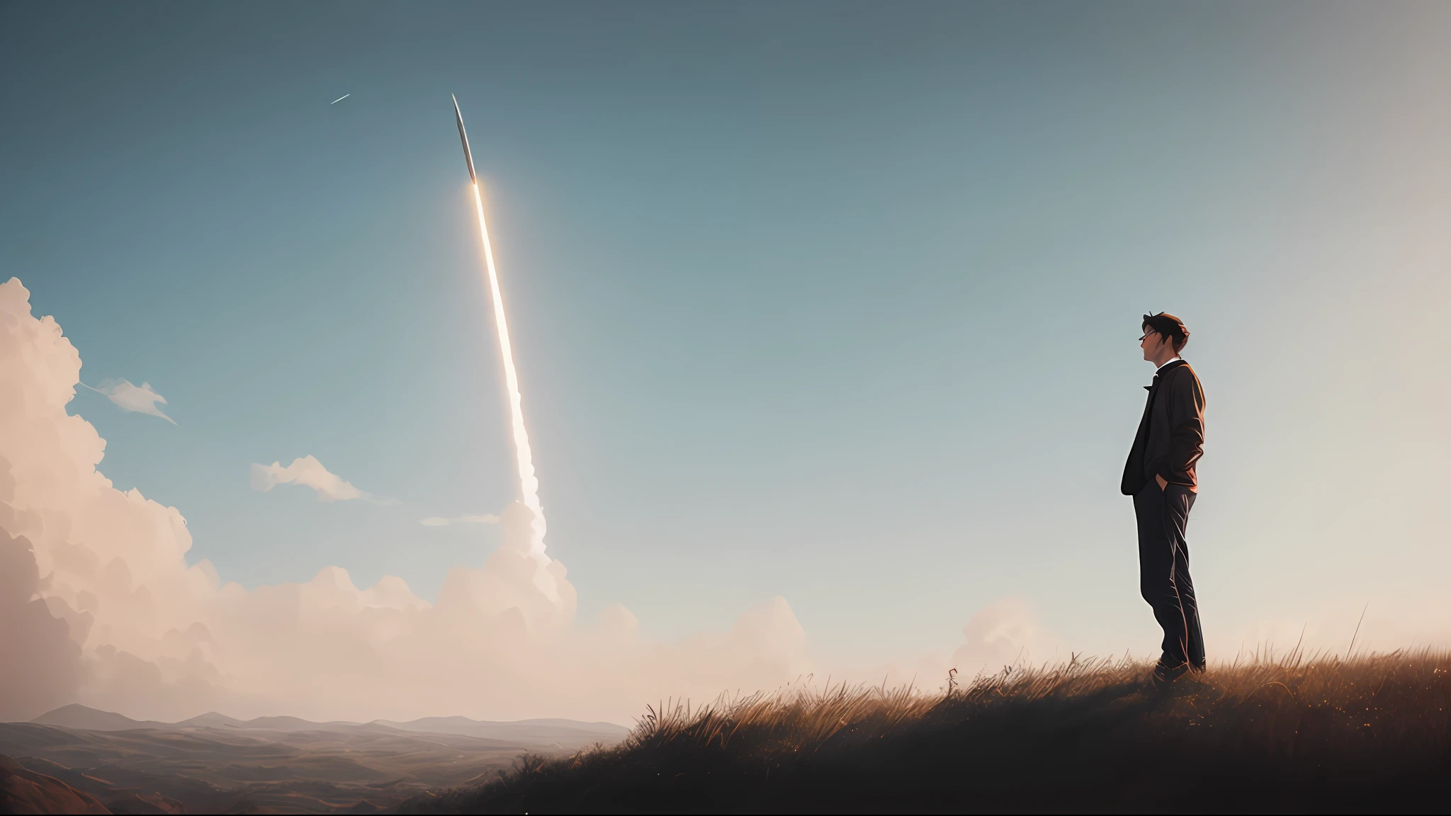 a highly detailed matte painting of a man on a hill watching a rocket launch in the distance by studio ghibli, makoto shinkai, by artgerm, by wlop, by greg rutkowski, volumetric lighting, octane render, 4 k resolution, trending on artstation, masterpiece, art by greg rutkowski and artgerm, soft cinematic light, adobe lightroom, photolab, hdr, intricate, highly detailed, ((((depth of field))))