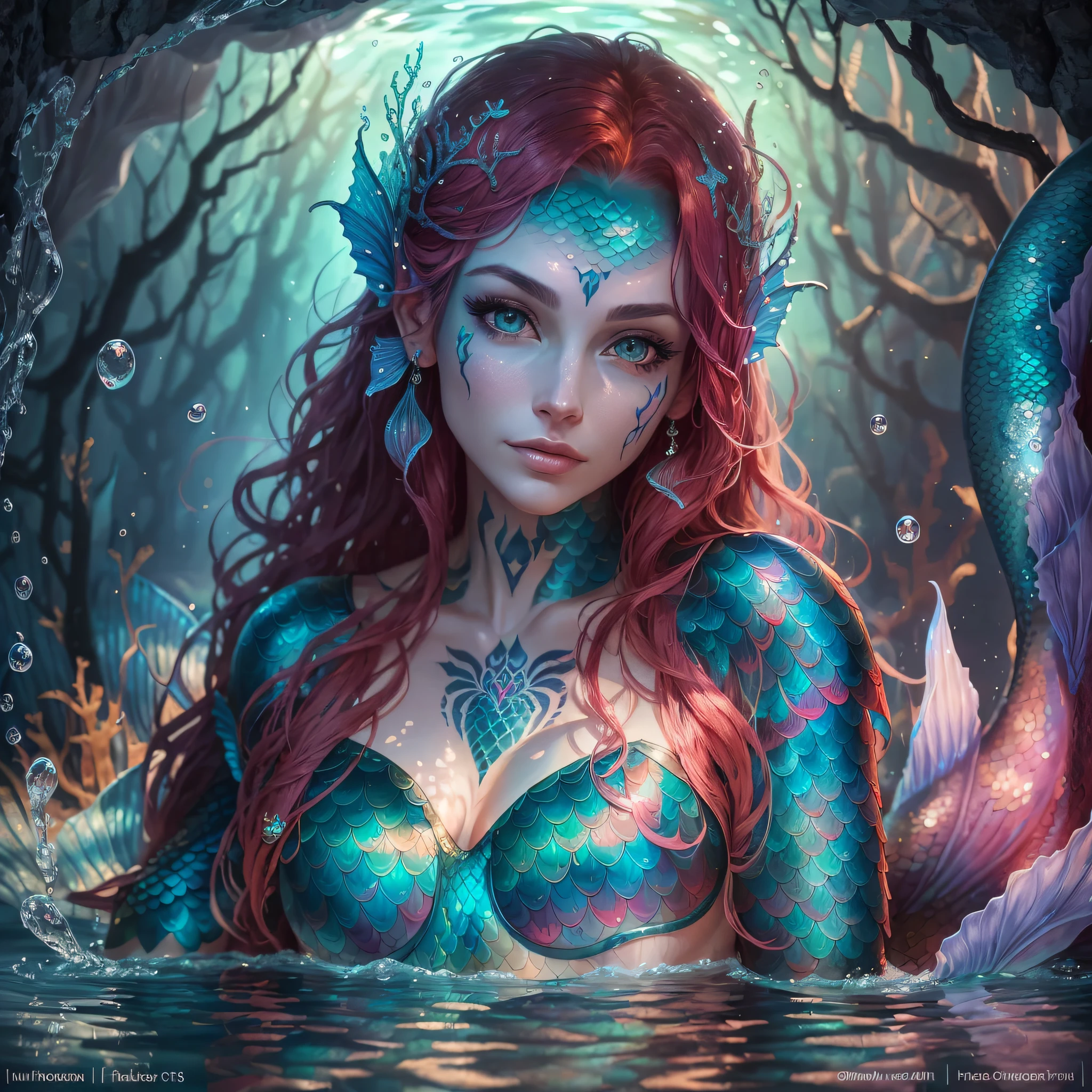 Best quality ((45 year old mermaid woman)), (perfect face), red colored hair, with blue skin color, runic tattoos, looking at her image reflected in a lake, in a grotto with slightly high natural light, (perfect body, artwork), with armor and relics, (small breasts), (ultradetailed: 1.3), (high definition: 1.6), 8k