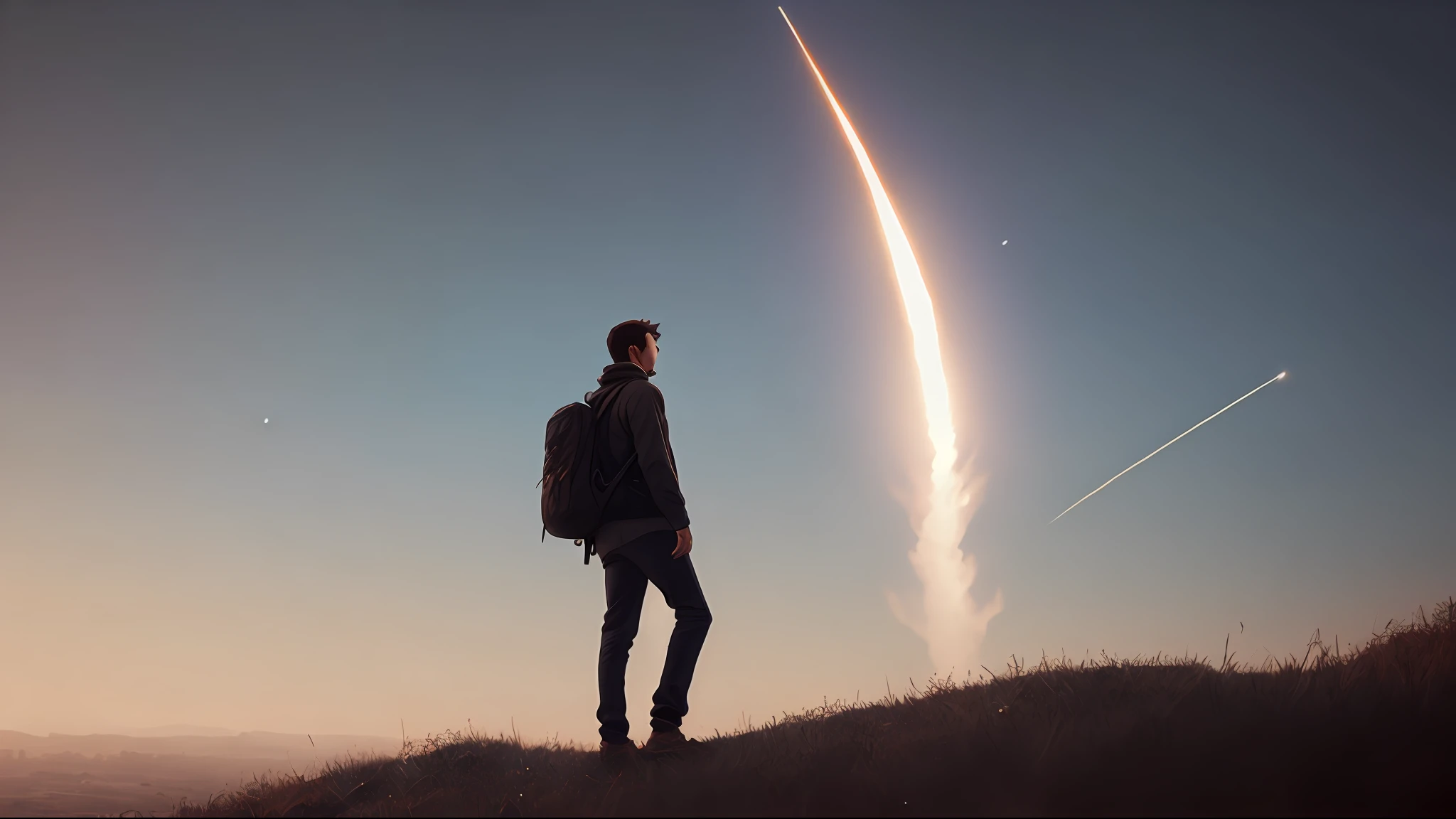 a highly detailed matte painting of a man on a hill watching a rocket launch in the distance by studio ghibli, makoto shinkai, by artgerm, by wlop, by greg rutkowski, volumetric lighting, octane render, 4 k resolution, trending on artstation, masterpiece, art by greg rutkowski and artgerm, soft cinematic light, adobe lightroom, photolab, hdr, intricate, highly detailed, ((((depth of field))))