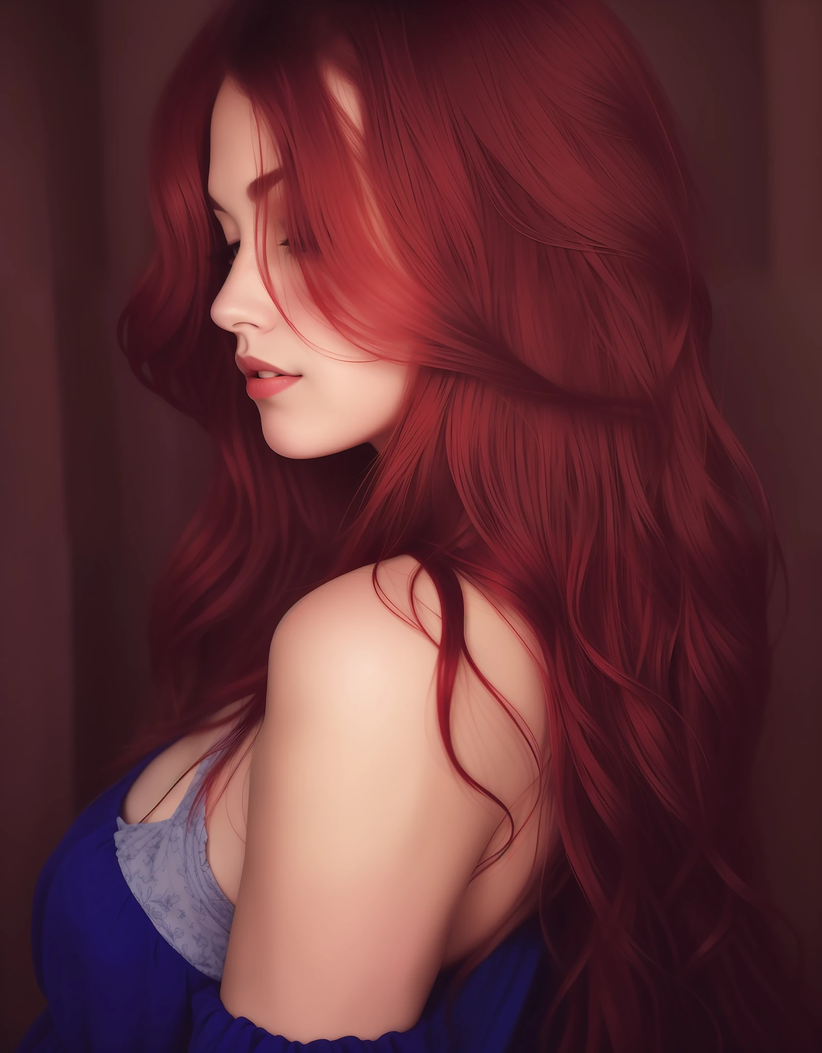 arafed woman with red hair and blue dress looking at camera, long loose red hair, reddish hair, red long hair, long red hair, long glowing red hair, red hair, long flowing red hair, red hair and attractive features, with long red hair, fiery red hair, soft red hair, red long wavy hair, brown red long hair