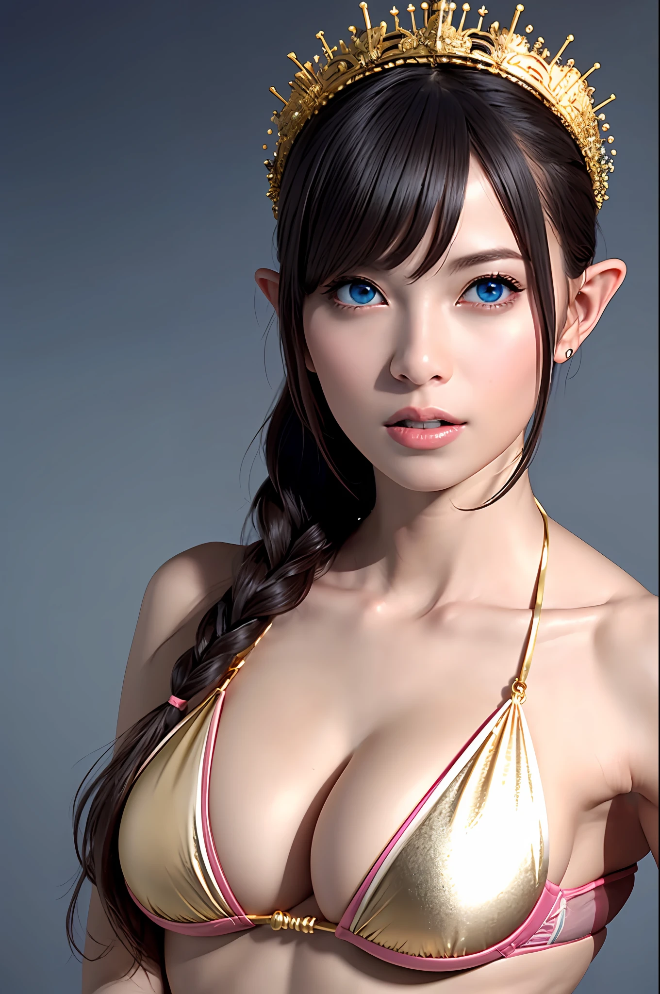 Complex 3D rendering of face, (big breasts: 8.8), (masterpiece, top quality, octane rendering), full body image, glamour shot, very beautiful young elf, cleavage, (very detailed skin: 1.2), (exposure: 1.1), super beautiful face, cute woman getting naked. blonde, (((gold bikini: 1.95))))). 40k, ((very soft breasts)), ((conspicuous large pink areola)). Beautiful Caucasian woman with black skin with full soft breasts and black skin of big ass, one, long braided hair, big breasts, dynamic angle, mystical expression, ultra-realistic photo, (((((portrait)))), futuristic urban background, detailed and beautiful gold crown, ArtStation trends, clear focus, studio photography, intricate details, very detailed, detailed blue eyes, very detailed, Sharp Focus, Professional, Abs, Dark Grey Background, Lip Gloss, Glossy Skin,