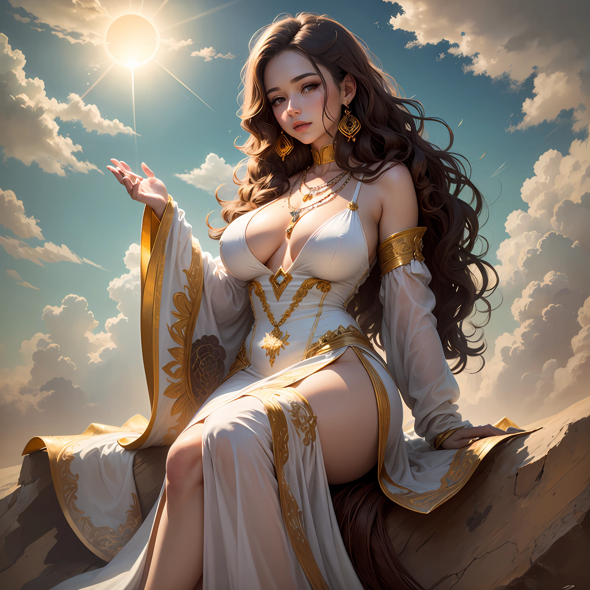 (Woman) young, (full body) wide hips and large breasts, (short dress) white coloration and gold embroidery on the edges, (wavy and long brown hair), (earrings), (necklaces), (landscape) clouds, clear sky with a beautiful sun, (body position) sitting on top of the clouds with her beautiful hands leaning against the clouds, (beautiful face). --auto --s2