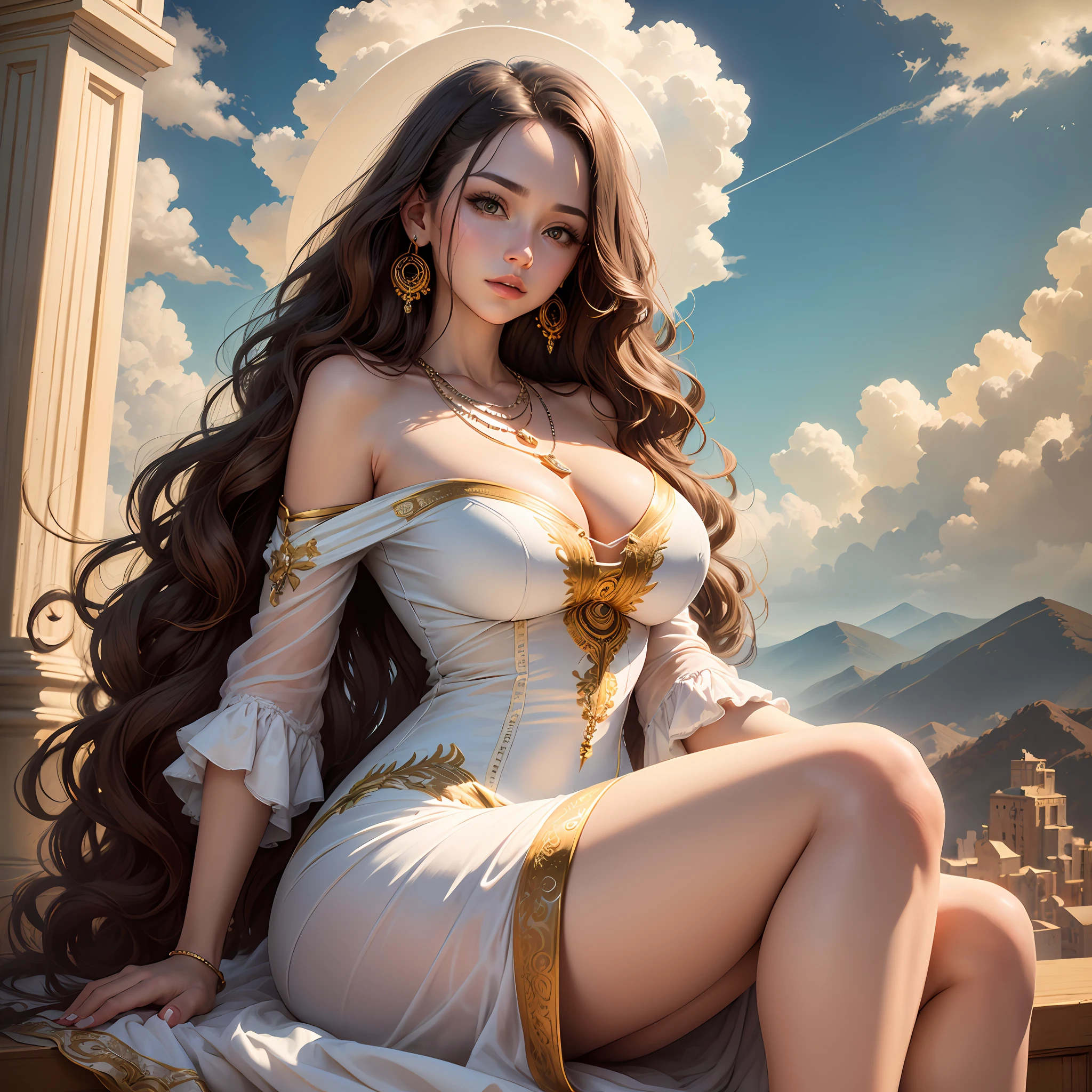 (Woman) young, (full body) wide hips and large breasts, (short dress) white coloration and gold embroidery on the edges, (wavy and long brown hair), (earrings), (necklaces), (landscape) clouds, clear sky with a beautiful sun, (body position) sitting on top of the clouds with her beautiful hands leaning against the clouds, (beautiful face). --auto --s2