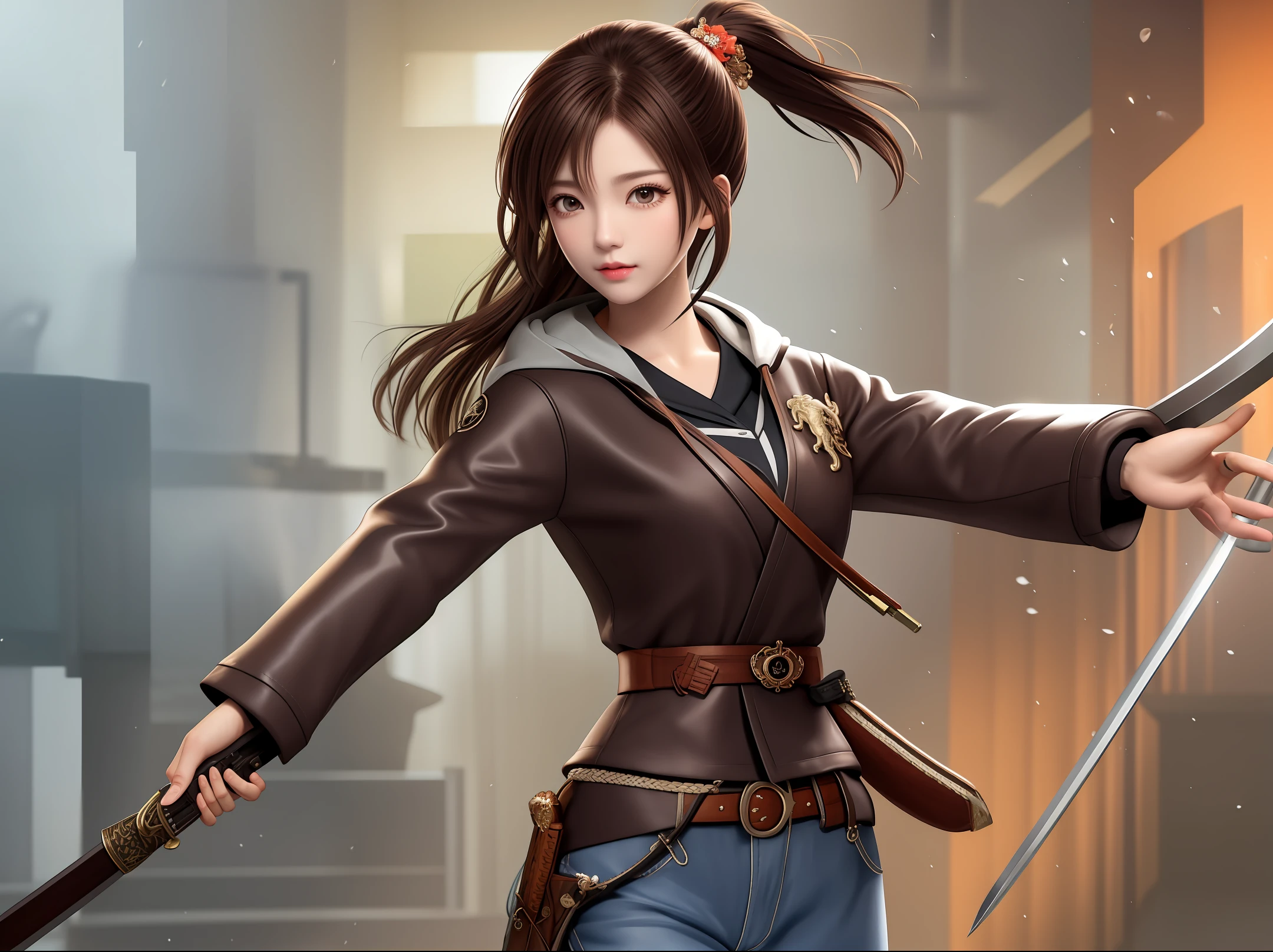 dragon logo jacket, 1girl, solo focus, trio, weapon: sword and gun, brown fur trim jacket, hooded, hood down, open clothes, medium size breast, belt, brown pants, disheveled messy ponytail, (brunette hair:1.2), from front:1.2, looking at viewer, left hand holding katana, right hand pointing gun at viewer, cowboy shot, jppop art style, japanese style,,,gunatyou