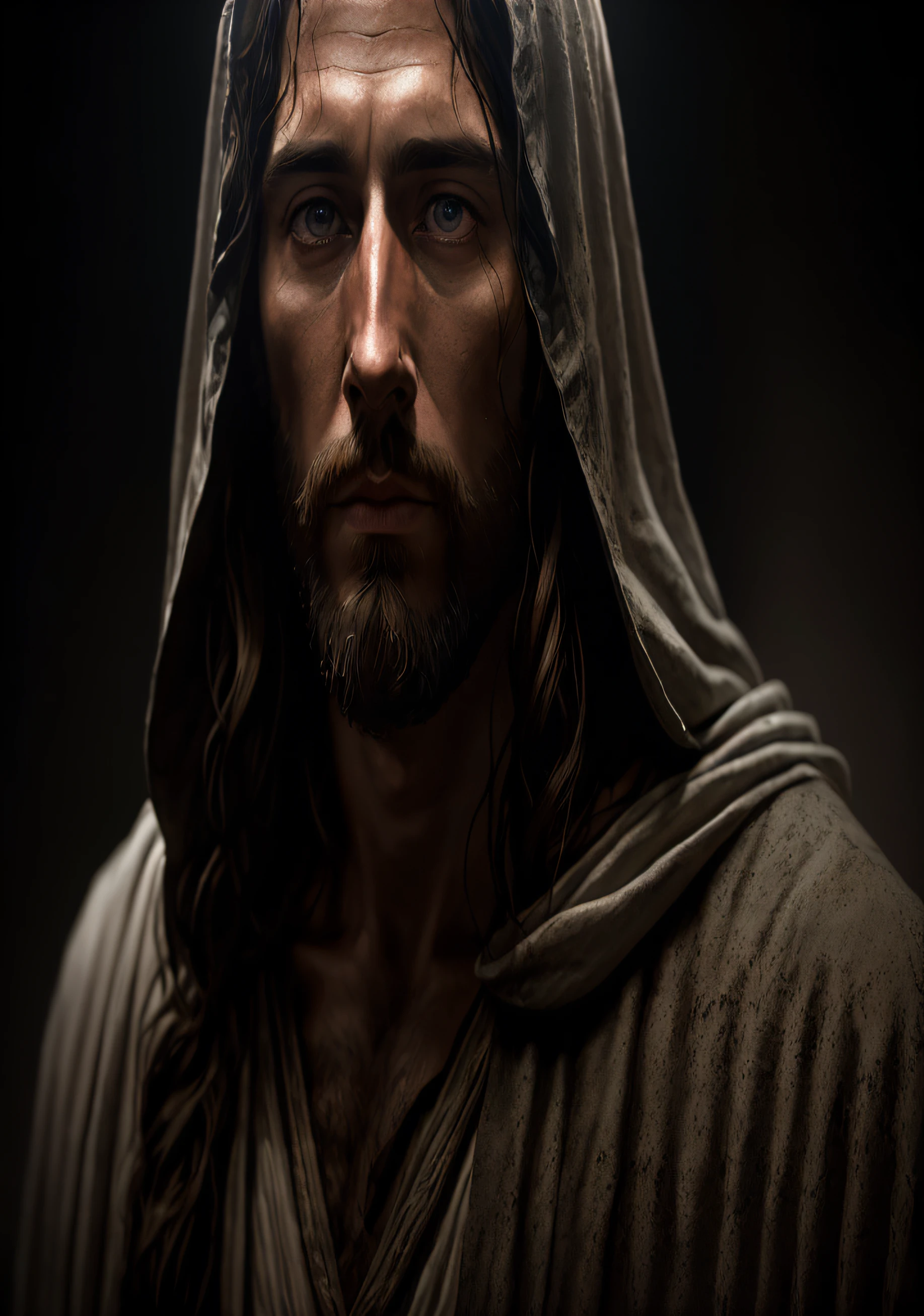 arafed image of a man with a hood on and a beard, portrait of jesus christ, jesus of nazareth, jesus christ, jesus, ultra detail. digital painting, dressed like jesus christ, ultra realistic digital painting, highly detailed vfx portrait of, jesus face, by Aleksander Gierymski, rendered in corona