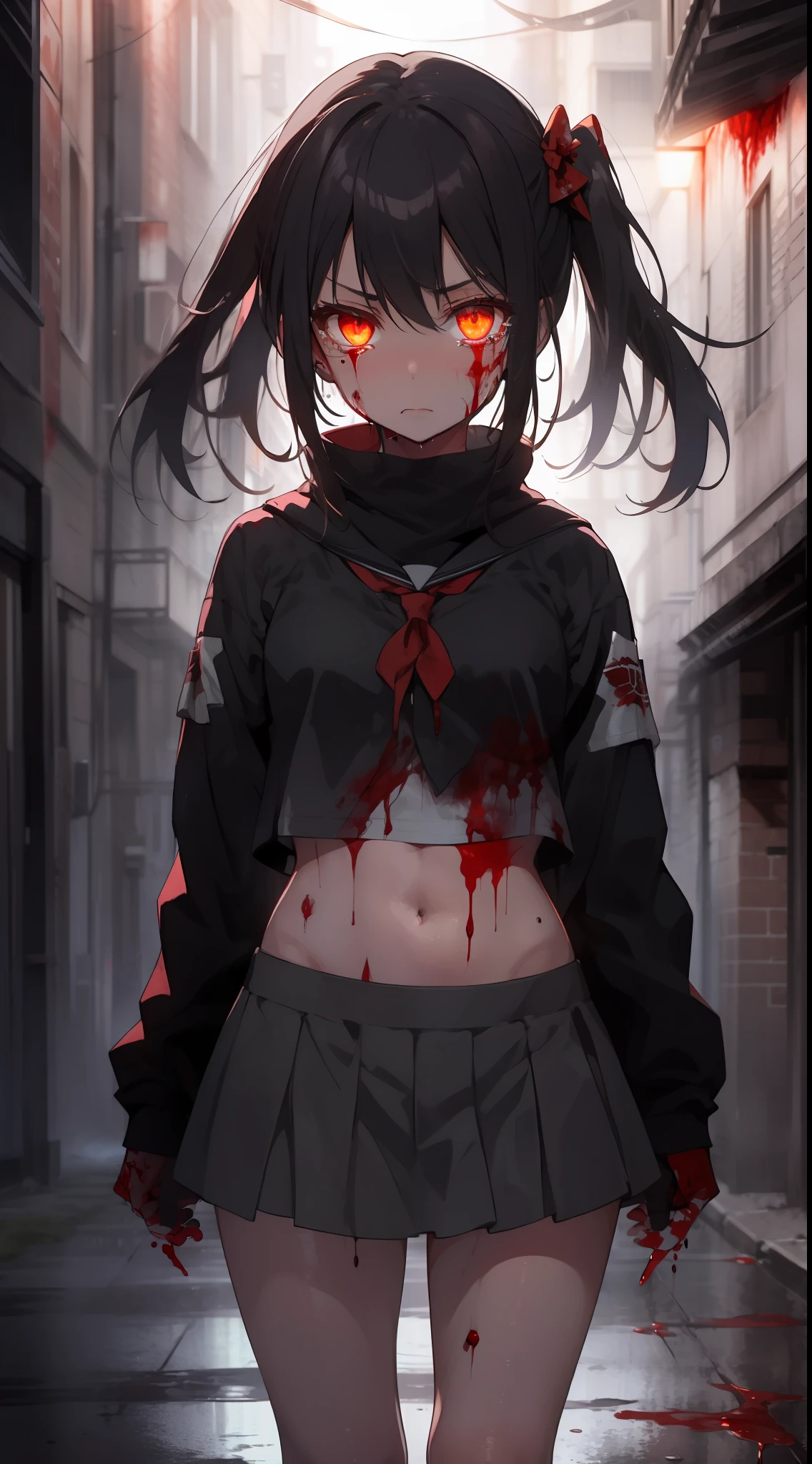 masterpiece, best quality, looking at viewer, facing viewer, bare legs, 1girl, solo, upper body, bow, serafuku, disgusted face, night time, heavy rain, outdoors, city, crop top, navel, wet clothes, drenched, overly long sleeves, hands in sleeves, blood tears, blood marks, dark alleyway, blood splattered on the ground, red bright light, glowing eyes, depth of field