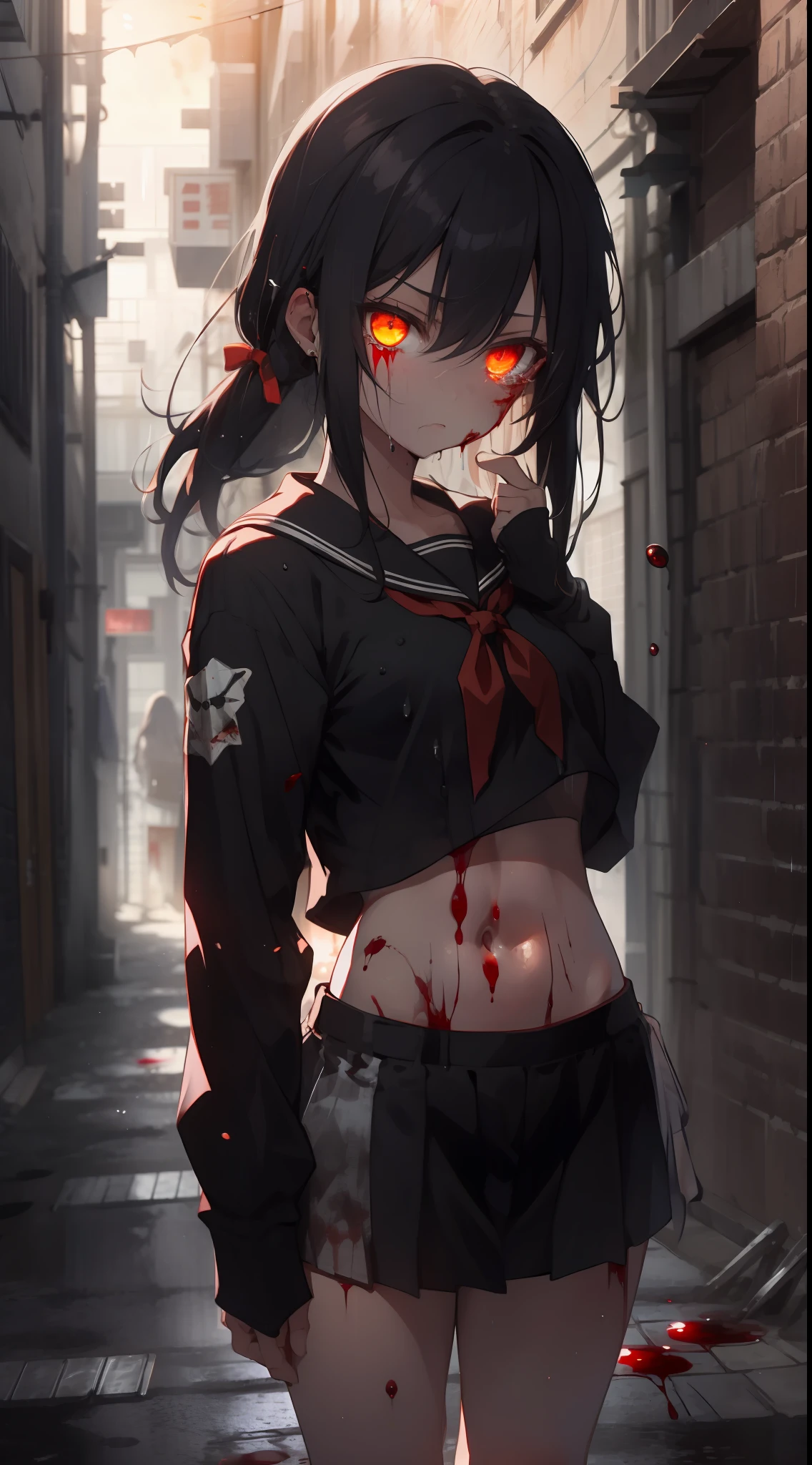 masterpiece, best quality, looking at viewer, facing viewer, bare legs, 1girl, solo, upper body, bow, serafuku, disgusted face, night time, heavy rain, outdoors, city, crop top, navel, wet clothes, drenched, overly long sleeves, hands in sleeves, blood tears, blood marks, dark alleyway, blood splattered on the ground, red bright light, glowing eyes, depth of field