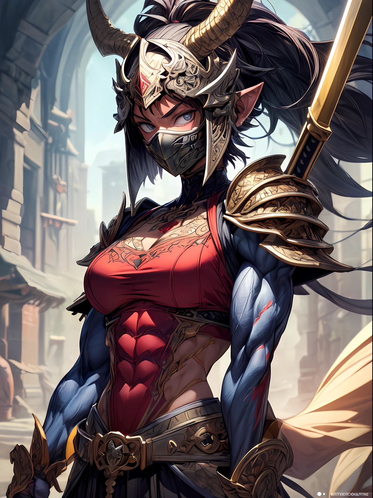 high contrast, (8K UHD:1.2), (photorealistic:1.2),(masterpiece:1.4), (best quality:1.4),extremely detailed wallpaper, highly detailed illustrations, ((1 Girl)) , (super-complex details) , 4K unified, (masterpiece:1.2), (best quality:1.2), ((Best quality)), ((masterpiece)), a muscular japanese samurai with tattoes and intricate detaill, ((body muscular:1.7)),girl,busty,perfect weist, japanese armor, medieval armor, big sword, ((half monster:1.1)),((monster girl:1.1)),intricate detail,intricate background and complex, face mask
