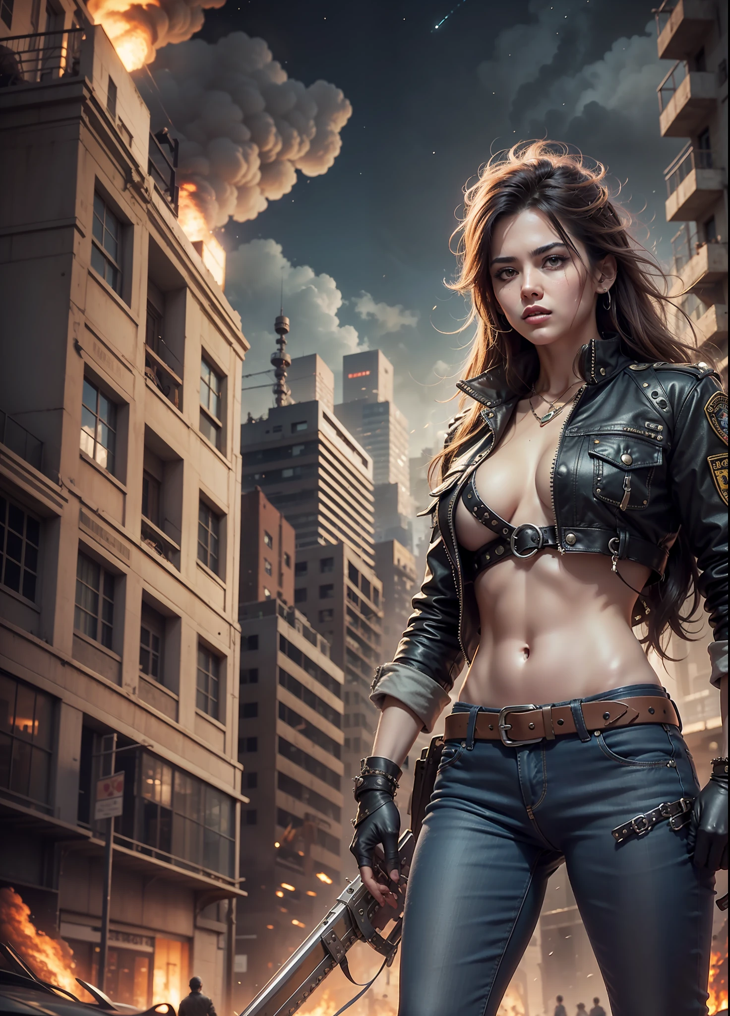 Jungle city movie poster, lion warrior, black jeans, belt, long coat, rivets, holster, rivets, explosions, jungle, ruins, just one body, night
