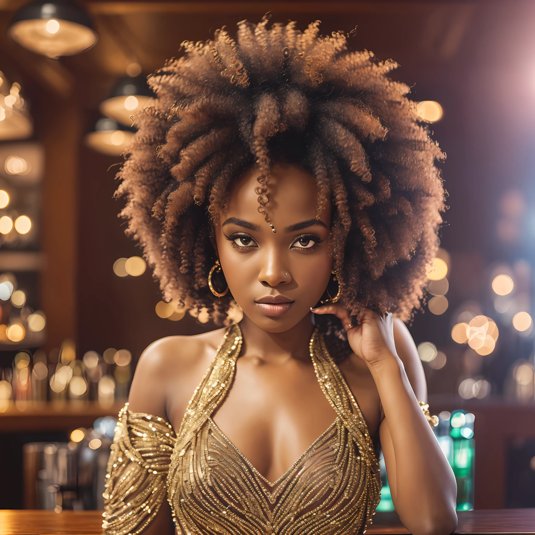 portrait photo of VivanKunakey, huge afro hair, beautiful woman, hairstyle up, nightclub sitting at the bar (masterpiece) (best quality) (detailed) (8k) (HDR) (wallpaper) (cinematic lighting) (sharp focus) (intricate) --auto --s2