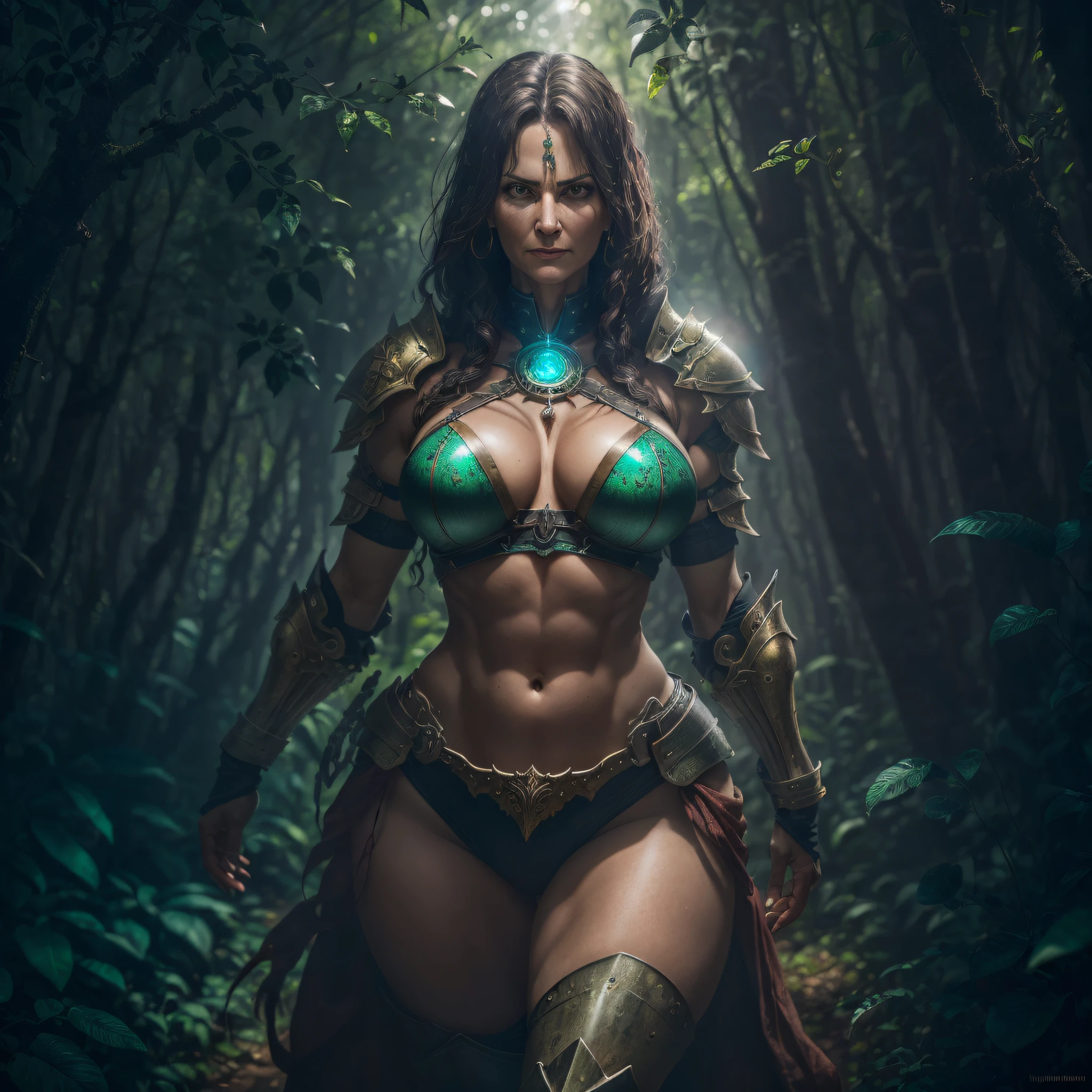 ((45-year-old woman)), (gorgona), in a forest with slightly high night light, (perfect body), with armor and relics, (beautiful perfection), with a threatening look, (vebetter eyes), (ultra-detailed: 1.3), (high definition: 1.6), 8k
