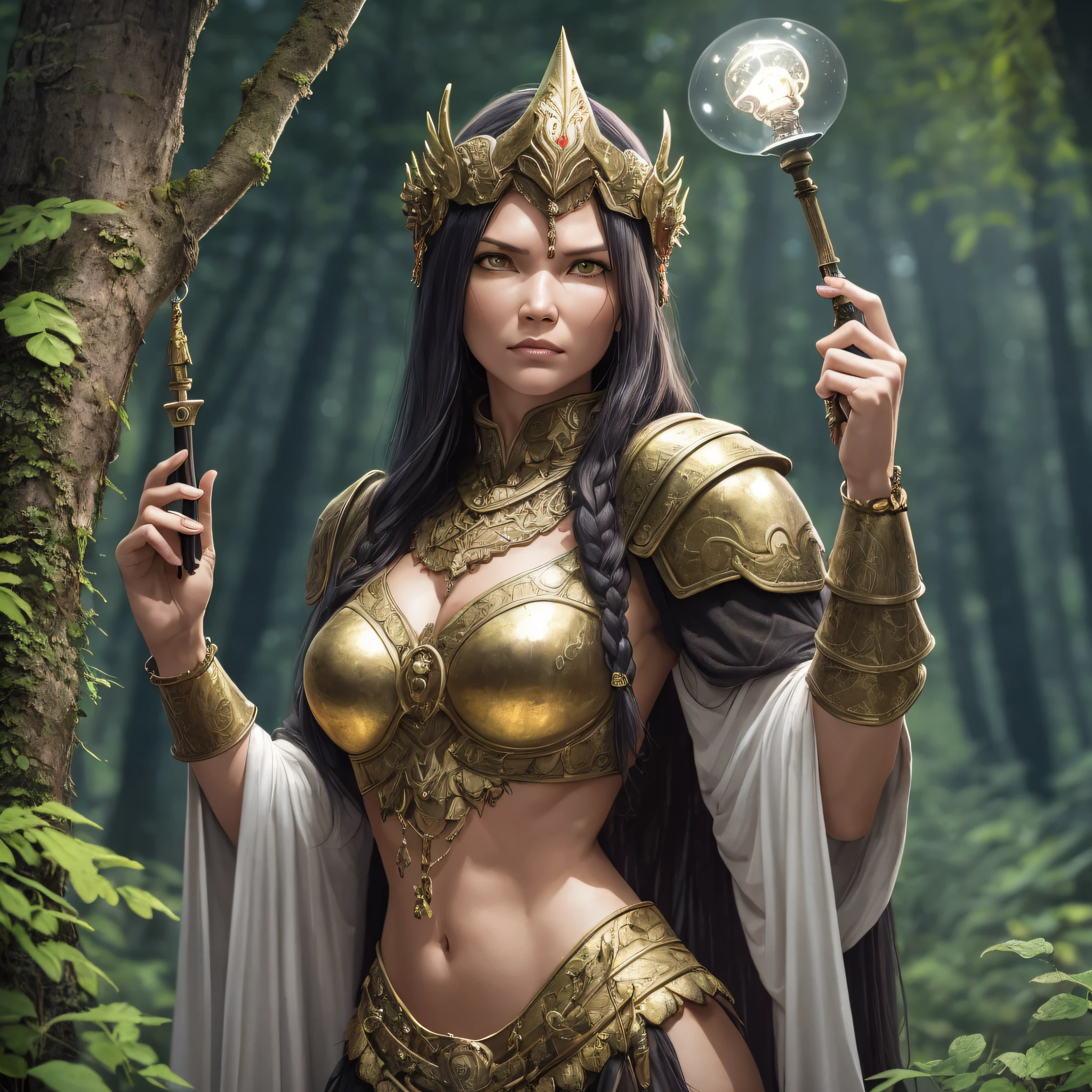 (45-year-old gorgon woman)), in a forest with slightly Aura night light, (perfect body), with armor and relics, (beautiful perfection), with a threatening look, (ultra detailed: 1.3), (autadefinition: 1.6) --auto --s2