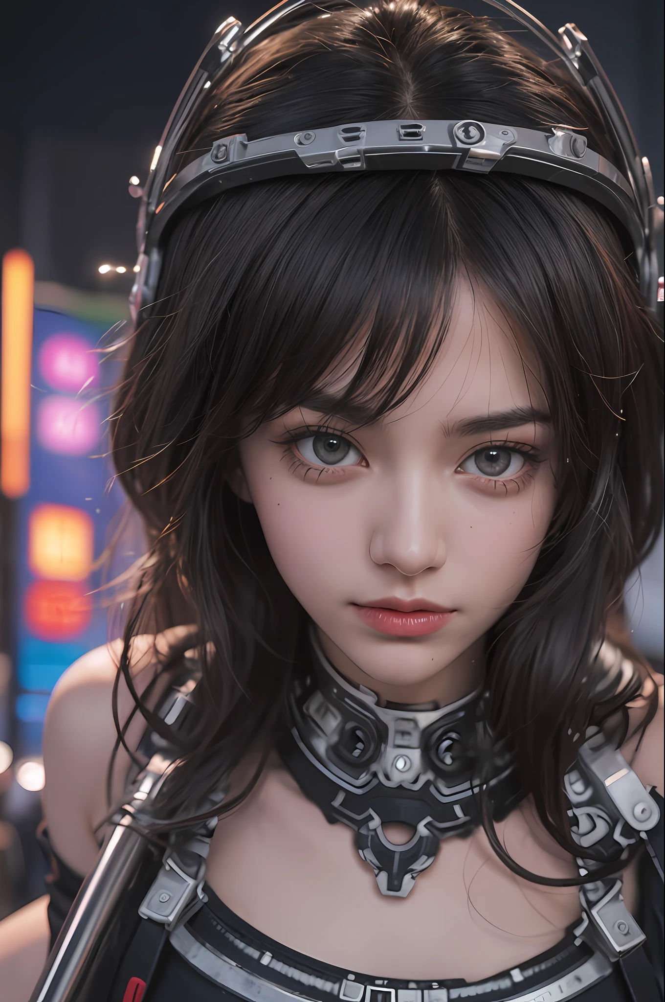 Top Quality, Masterpiece, Ultra High Resolution, (Photorealistic: 1.4), Raw Photo, 1 Girl, Black Hair, Glossy Skin, 1 Mechanical Girl, (Ultra Realistic Detail)), Portrait, Global Illumination, Shadows, Octane Rendering, 8K, Ultra Sharp, Big, Cleavage Exposed Raw Skin, Metal, Intricate Ornament Details, Headset, Hydraulic cylinder, very intricate details, realistic light, CGSoation trend, purple eyes, glowing eyes, facing the camera, neon details, mechanical limbs, blood vessels connected to tubes, mechanical vertebrae attached to the back, mechanical cervical attachment to the neck, sitting, wires and cables connecting to the head, cyberpunk, small LED lamps,