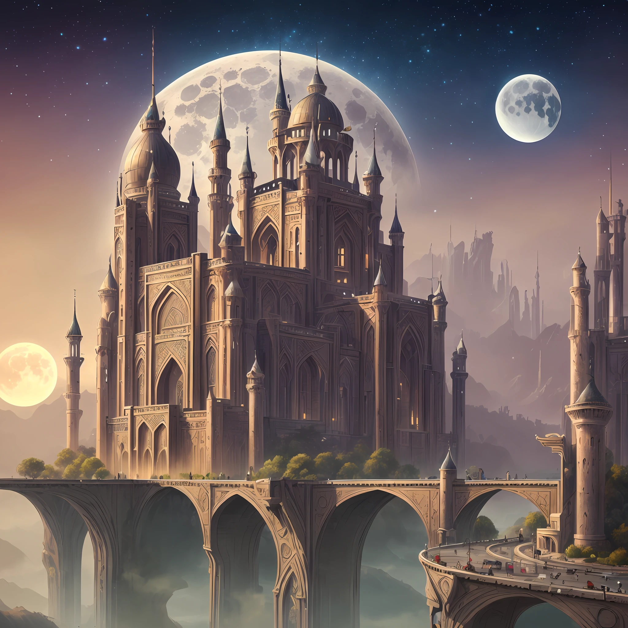 there is a large futuristic masterpiece Arabian castle in Quranic art style in the middle of a futuristic city with a moon, in fantasy sci - fi city, sci-fi fantasy wallpaper, masterpiece concept art cityscape, epic Arabic calligraphy art sci fi illustration, huge futuristic islamic design, fantasy scifi, with masterpiece Quranic art desktop wallpaper, fantasy art city background, in front of a fantasy city, fantasy city, in a castle on an alien planet with canyon,streams,valleys,masterpiece Calligraphy. --auto --s2