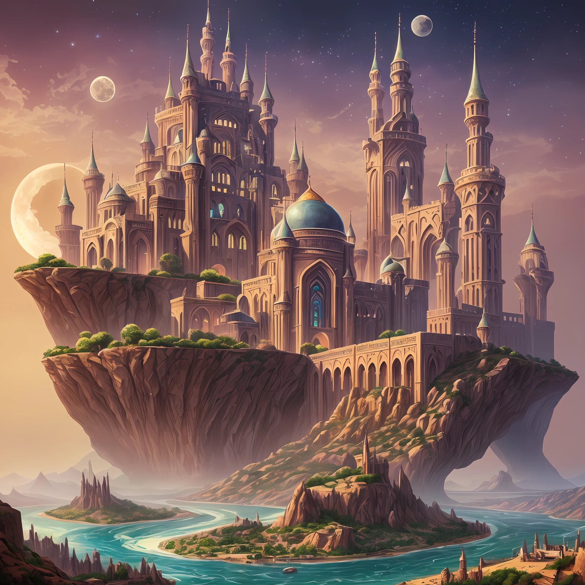 there is a large futuristic masterpiece Arabian castle in Quranic art style in the middle of a futuristic city with a moon, in fantasy sci - fi city, sci-fi fantasy wallpaper, masterpiece concept art cityscape, epic Arabic calligraphy art sci fi illustration, huge futuristic islamic design, fantasy scifi, with masterpiece Quranic art desktop wallpaper, fantasy art city background, in front of a fantasy city, fantasy city, in a castle on an alien planet with canyon,streams,valleys,masterpiece Calligraphy. --auto --s2