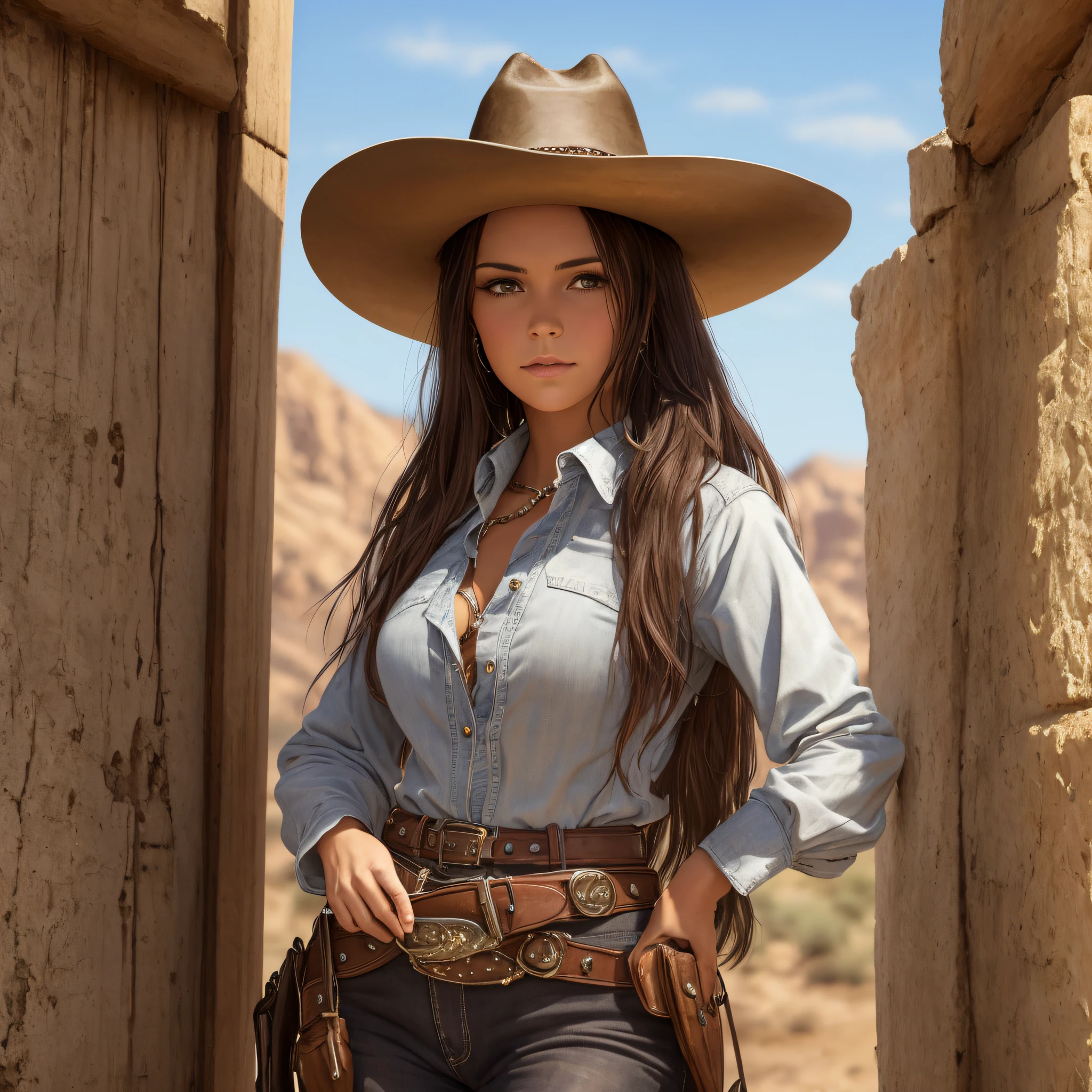 Araffe woman in a cowboy outfit and hat posing for a photo, western cowgirl, cowgirl, dark brown hair female cowgirl, cow-girl, western clothes, cowboy style, beautiful cowboy witch, western gunslinger, 4k wild west, oldwest, dressed as a western sheriff, post-apocalyptic cowgirl, an epic western, cowboy, western painting, western art, old west