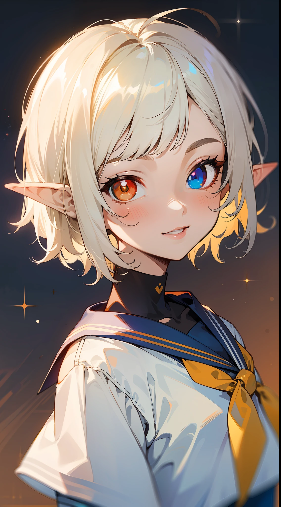 (top quality, masterpiece, super high definition, super detail), night sky background, bust shot, one, kind-hearted elf girl, (slender), (small), platinum blonde short hair, (((heterochromia)), beautiful detail eyes, pale orange eyes, sailor suit, mini skirt, smile that wants to protect