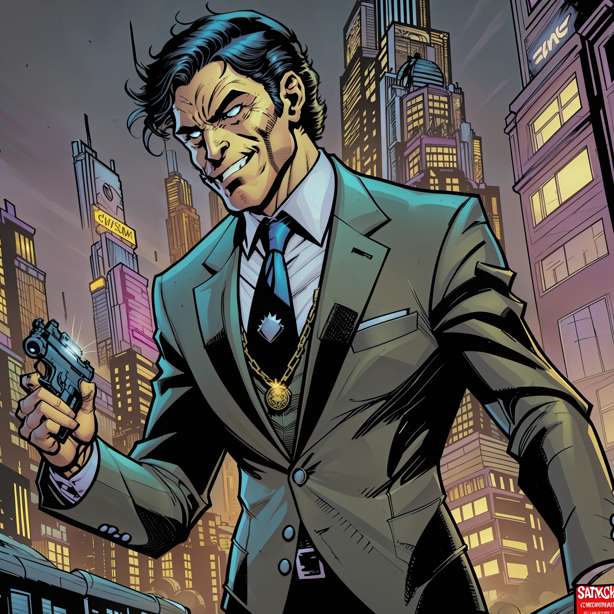 Home with a comic smile dirty black hair dressed in a black suit without tie with a simple pistol and a shiny amulet in hand showing to a villain, (((comic art))) (((sarcastic style))) cityscape looking like a neighborhood.