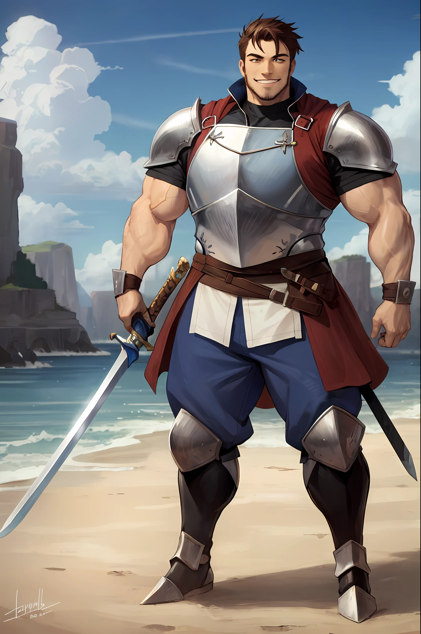 muscular male, knight, pants, smug, big smile, cartoonish, plumpvest, aventure, warrior, sword holding