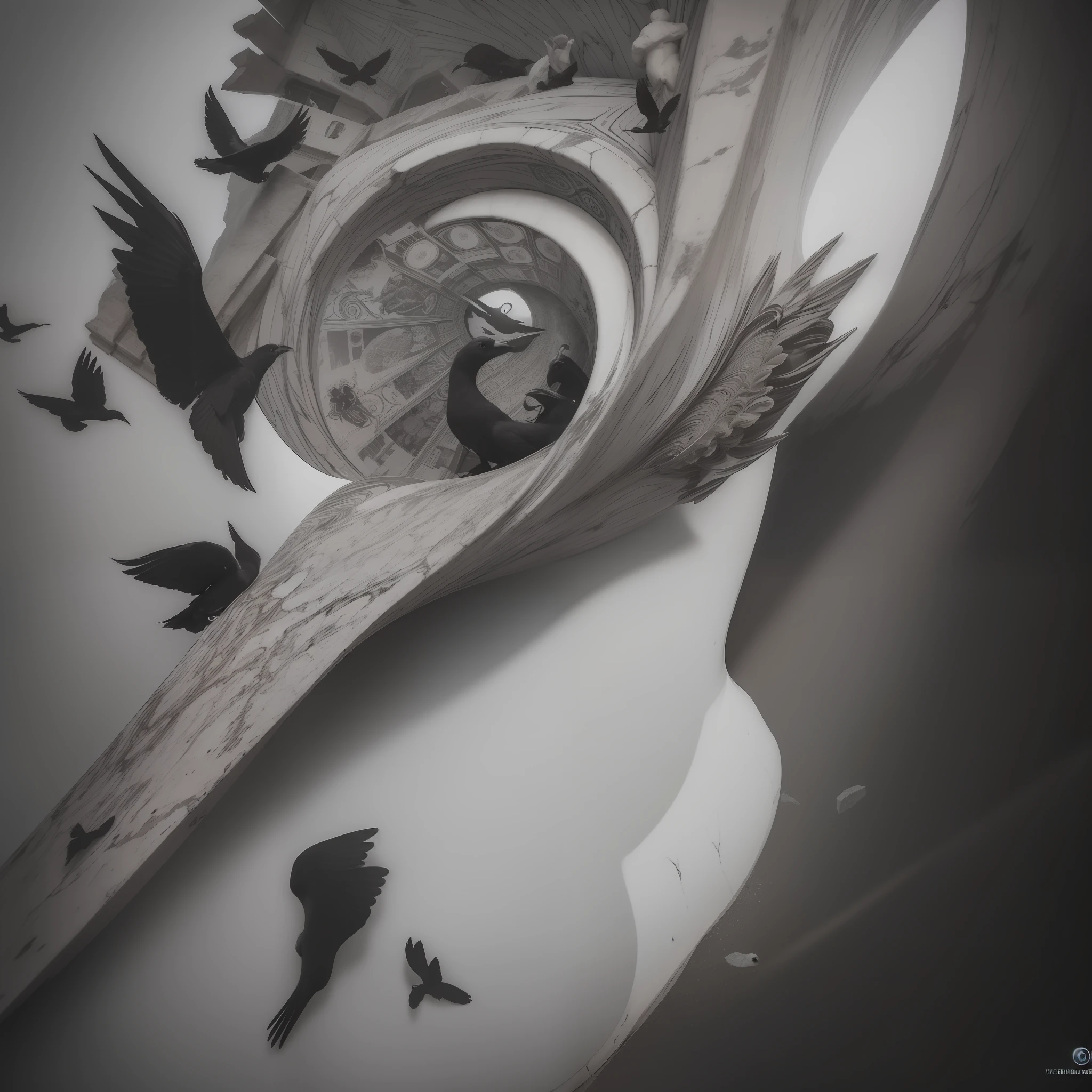 concept artwork, M.C Escher + Architectural Art + b/w photography by Pierre Verger / style fusion / marble man's head floating with Black birds around/ mystical and spiritual atmosphere / dark tones / supernatural/Macro lens/Surreal juxtapositions--ar 1080:1350 --c 12